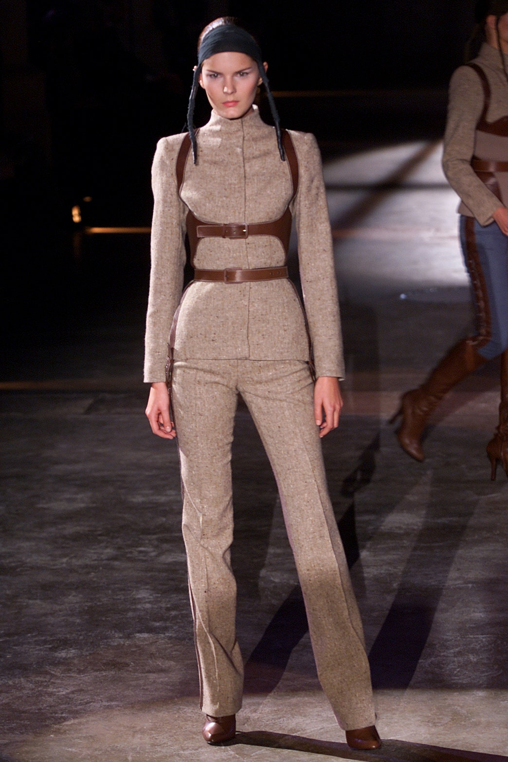 beige wool long-sleeve collared fitted tailored zippered suit