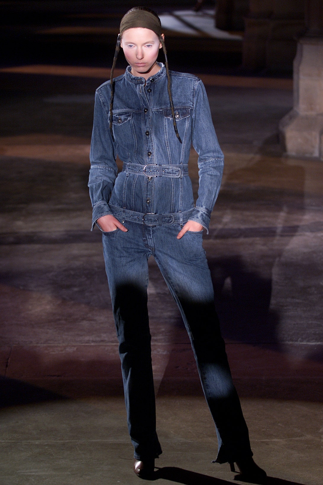 blue denim fitted jumpsuit