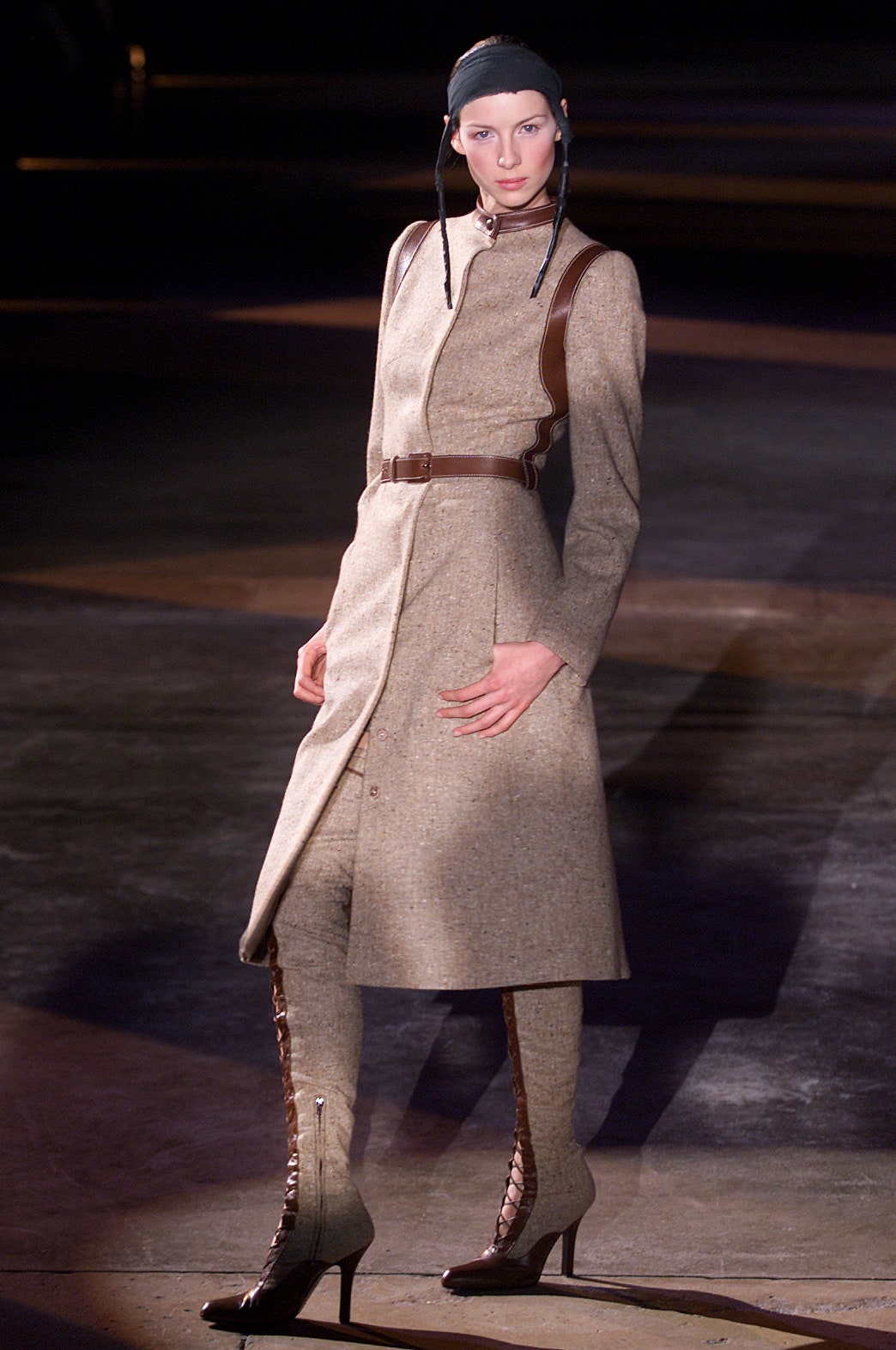 beige tweed long-sleeve collared fitted buttoned belted coat