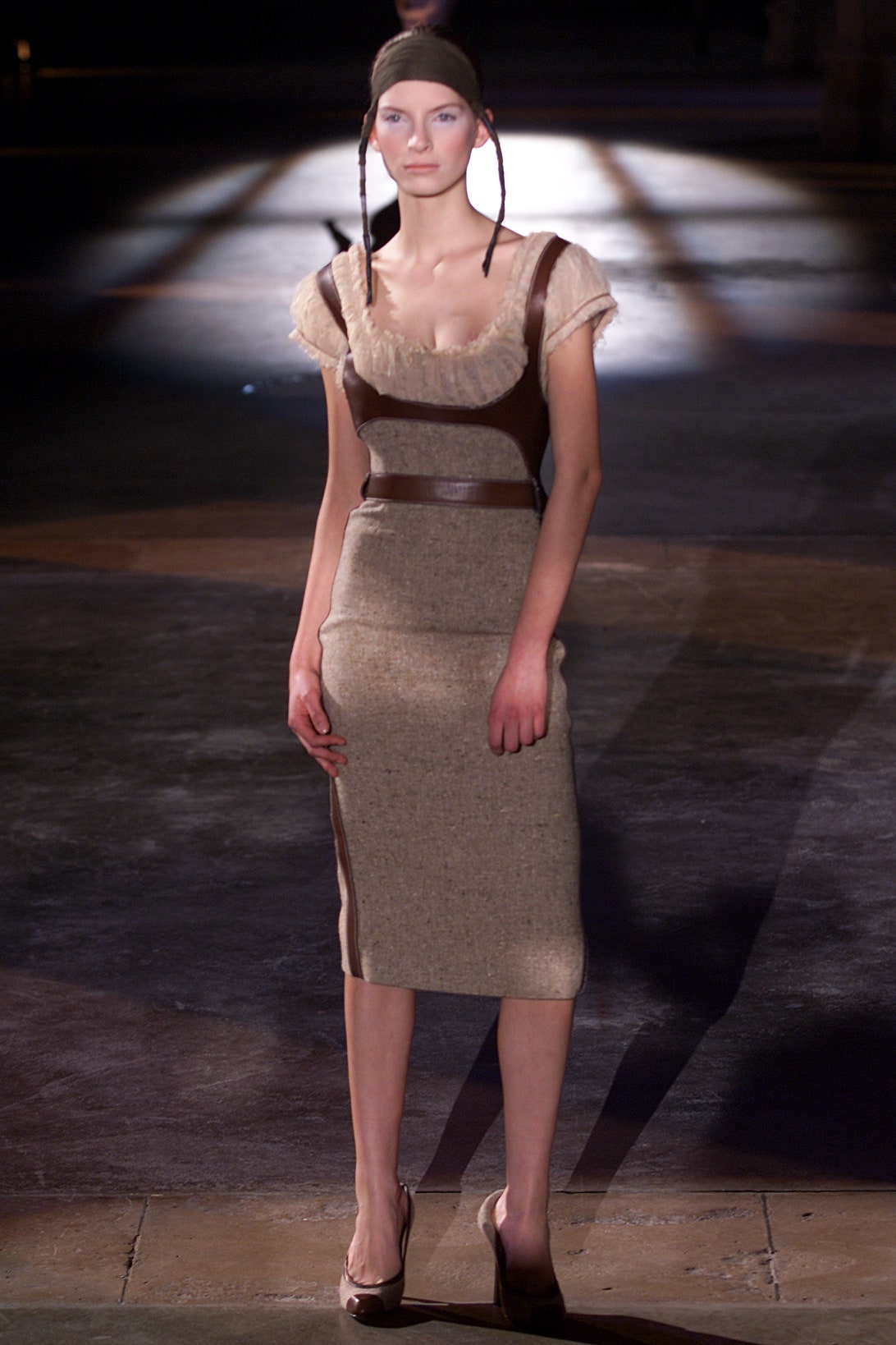 brown wool sleeveless v-neck fitted pencil midi dress