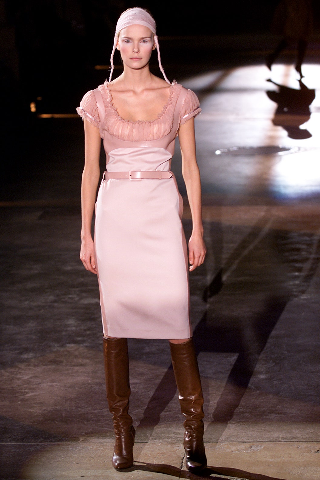 pink silk sleeveless square-neck fitted ruched belted dress