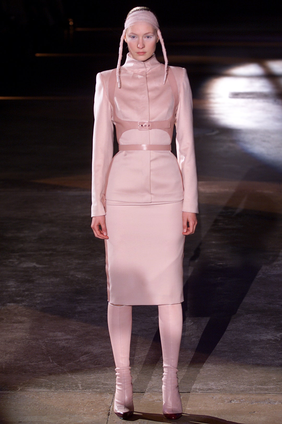 fitted pink leather midi dress