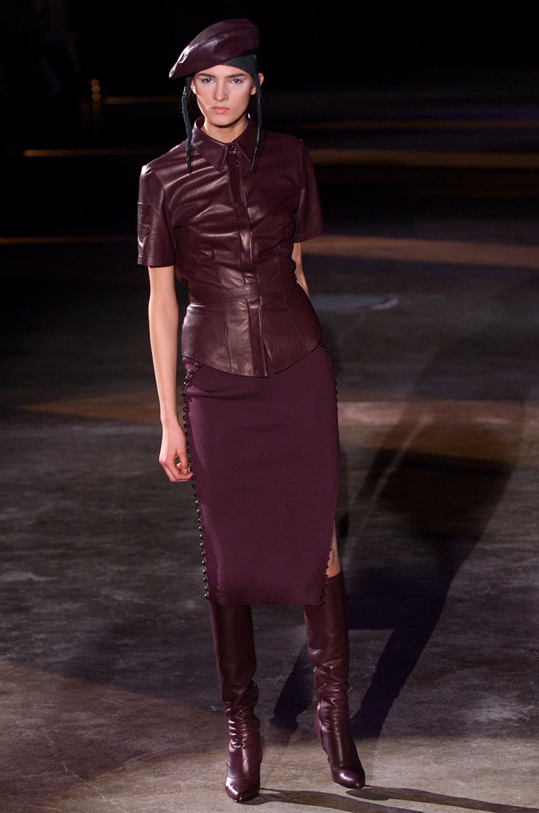 purple leather fitted pencil skirt