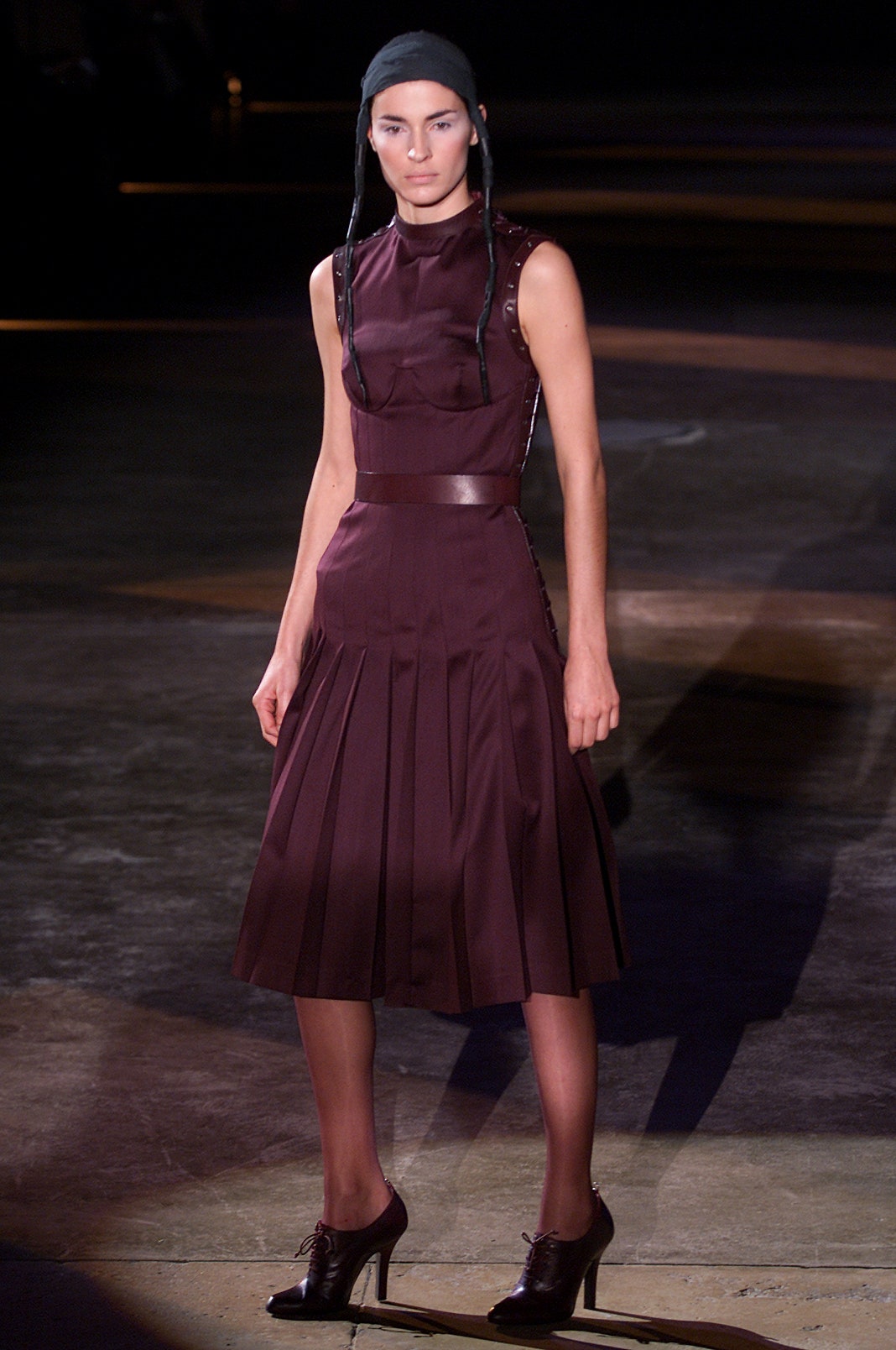 fitted maroon silk pleated dress