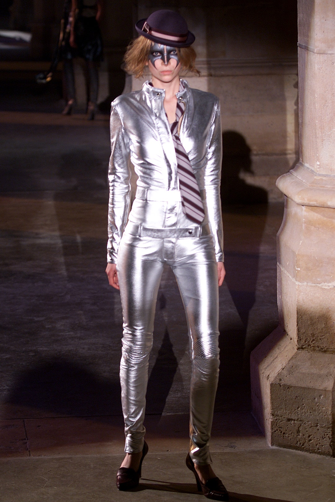 gray metallic long-sleeve collared fitted zippered shiny catsuit