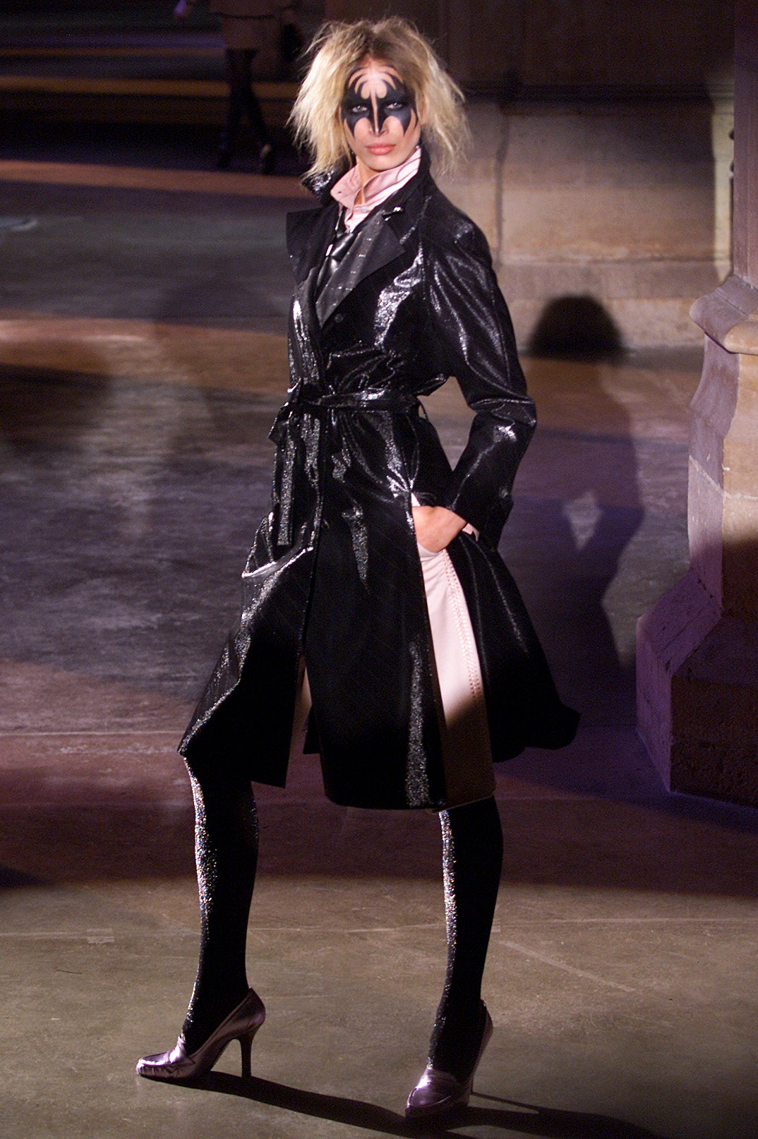 black vinyl long-sleeve collared fitted belted zippered trench