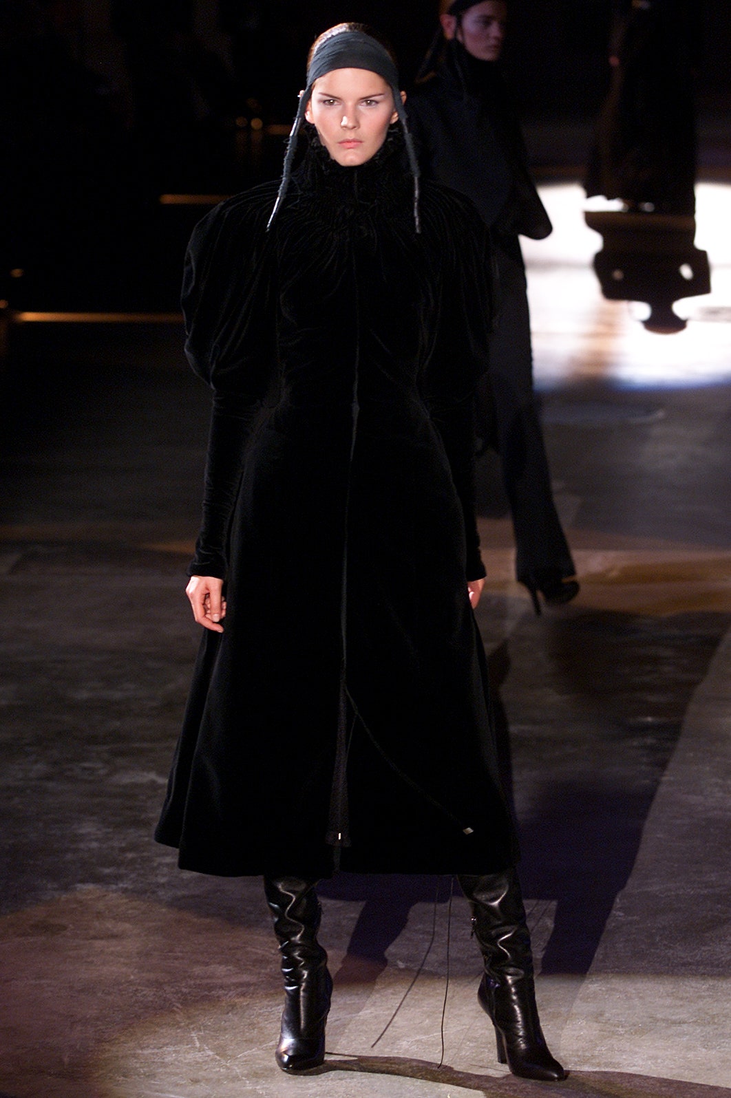 black velvet long-sleeve high-neck fitted a-line midi dress