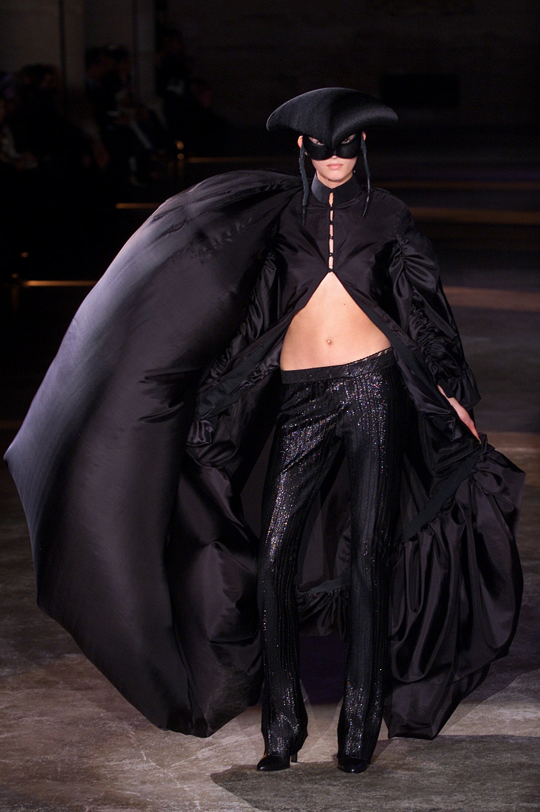 black silk long-sleeve collared oversized draped cape