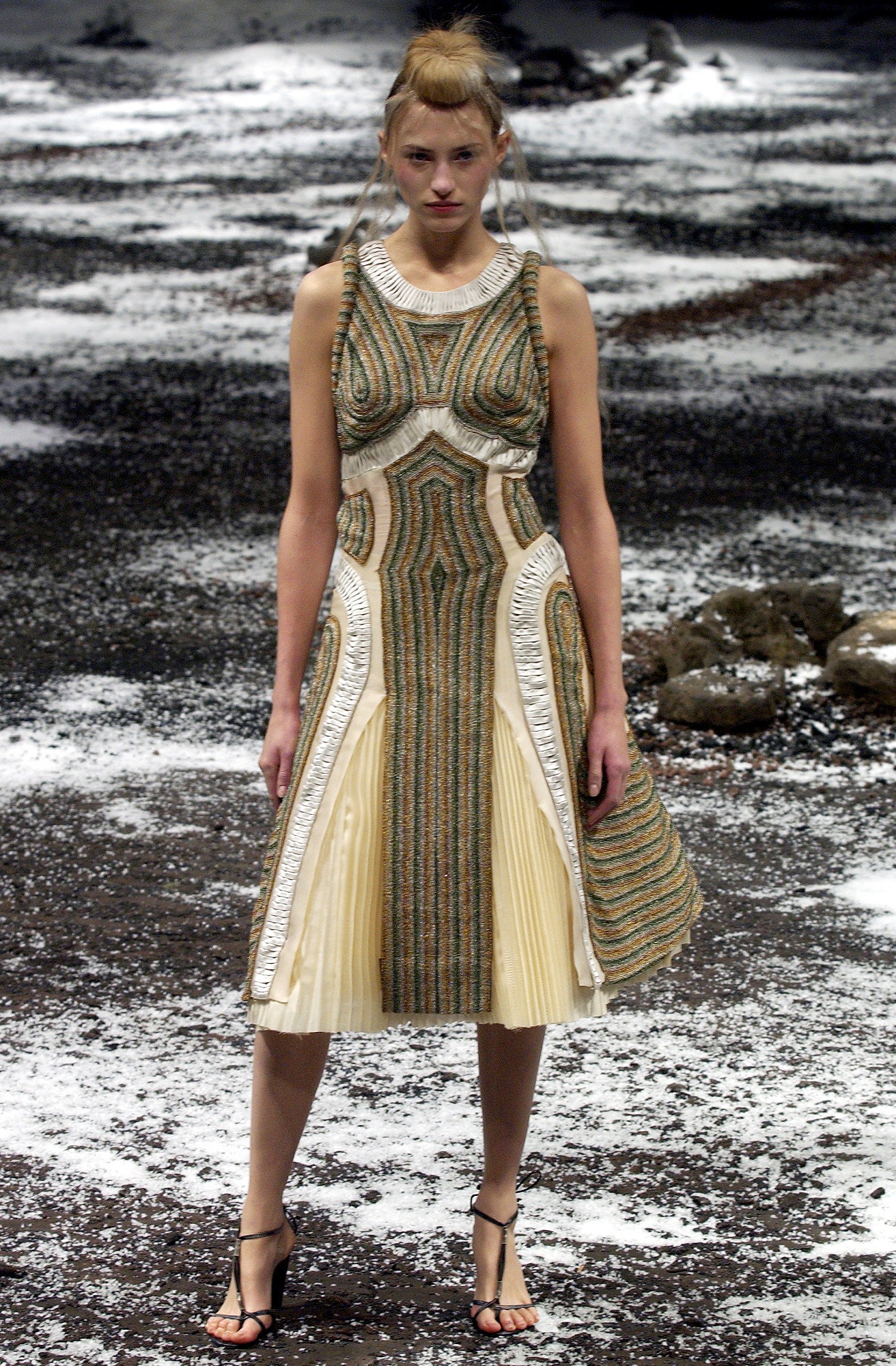 beige green pleated midi dress