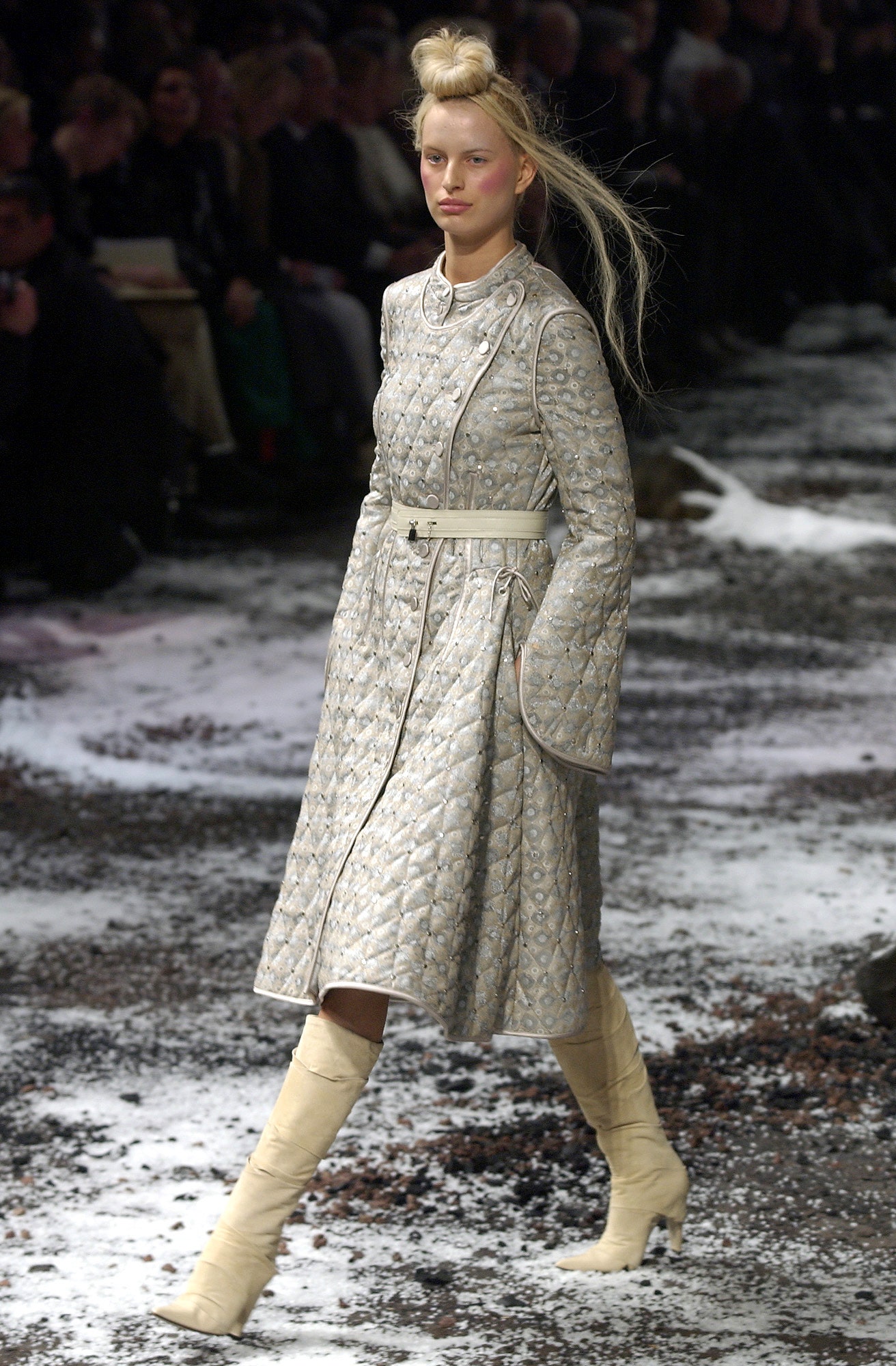 gray long-sleeve collared fitted quilted belted midi coat