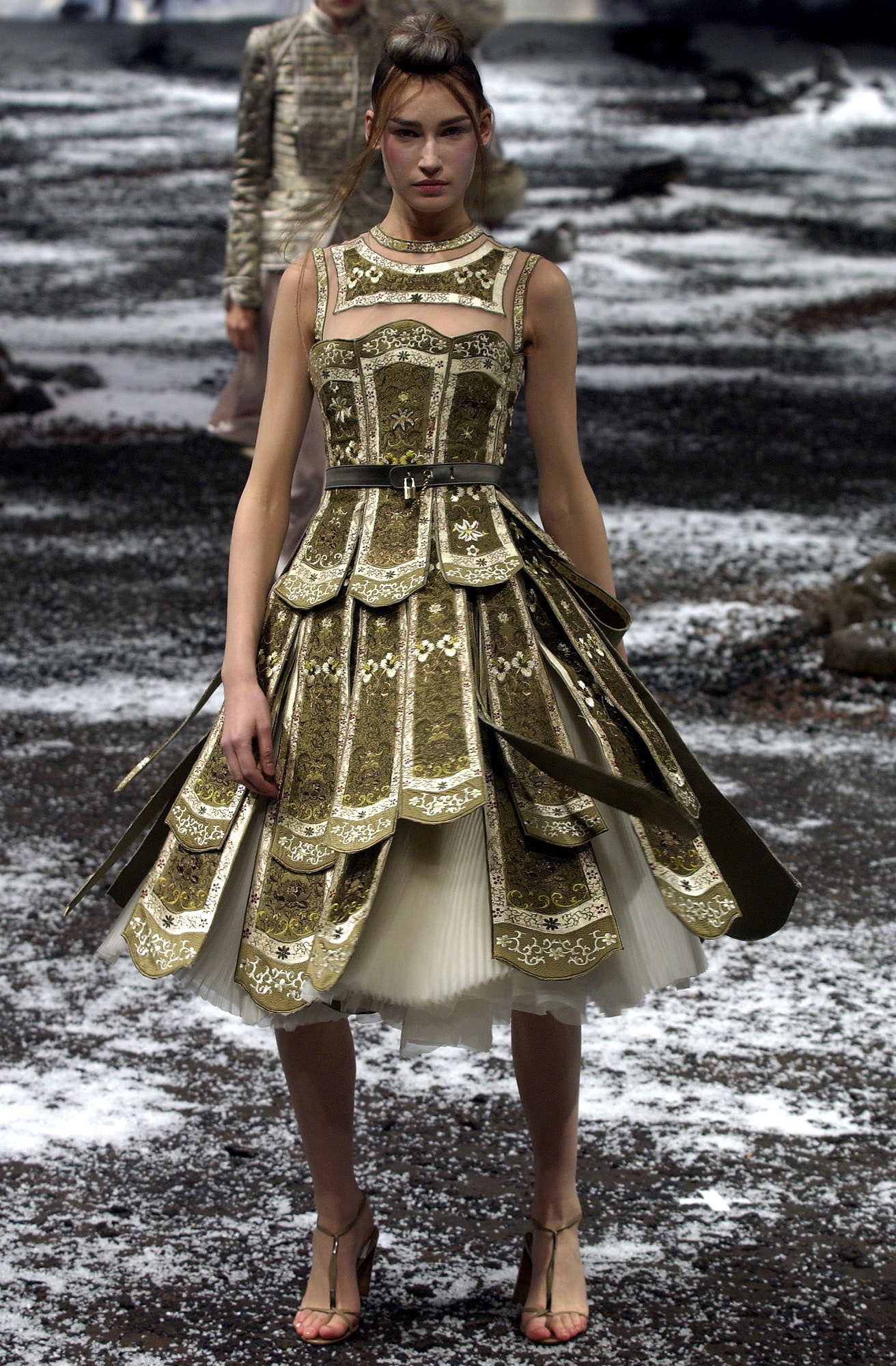 gold embroidered sleeveless dress