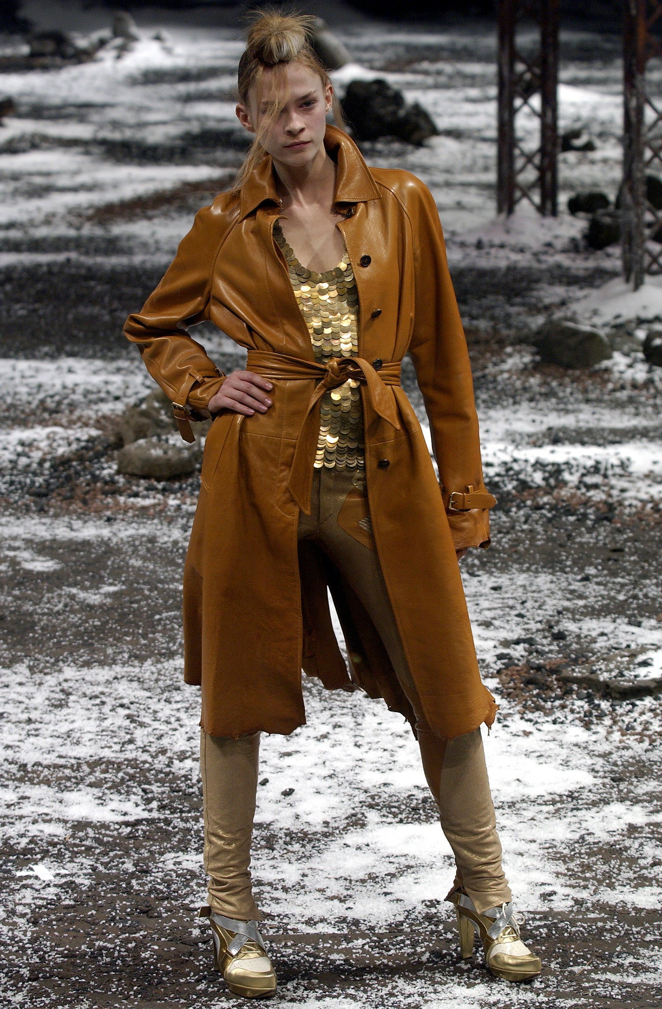 brown leather coat with gold top