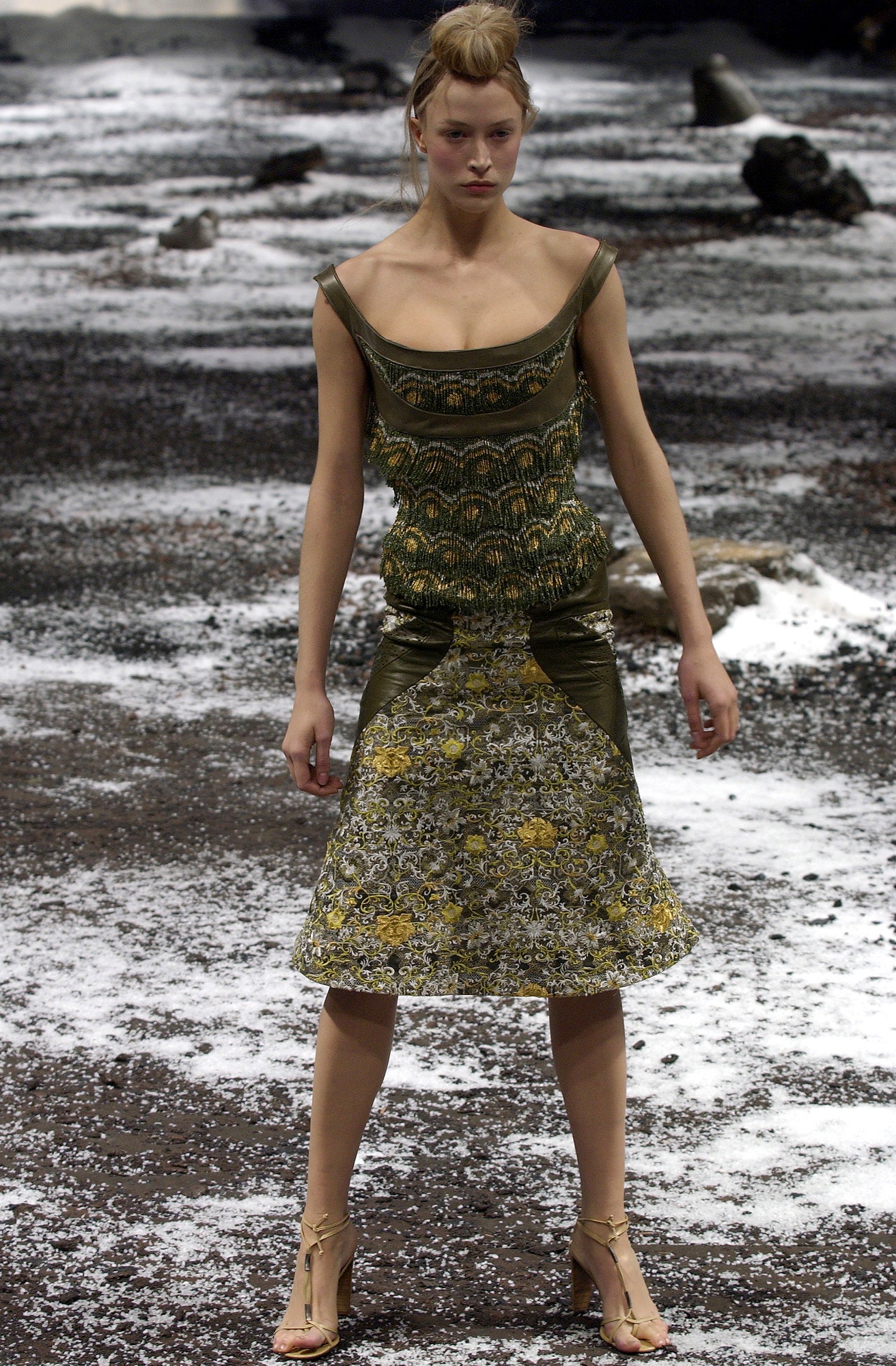 green and yellow embroidered midi dress