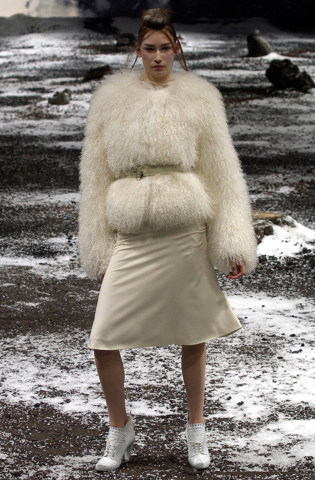 beige silk slit fitted straight-leg midi skirt