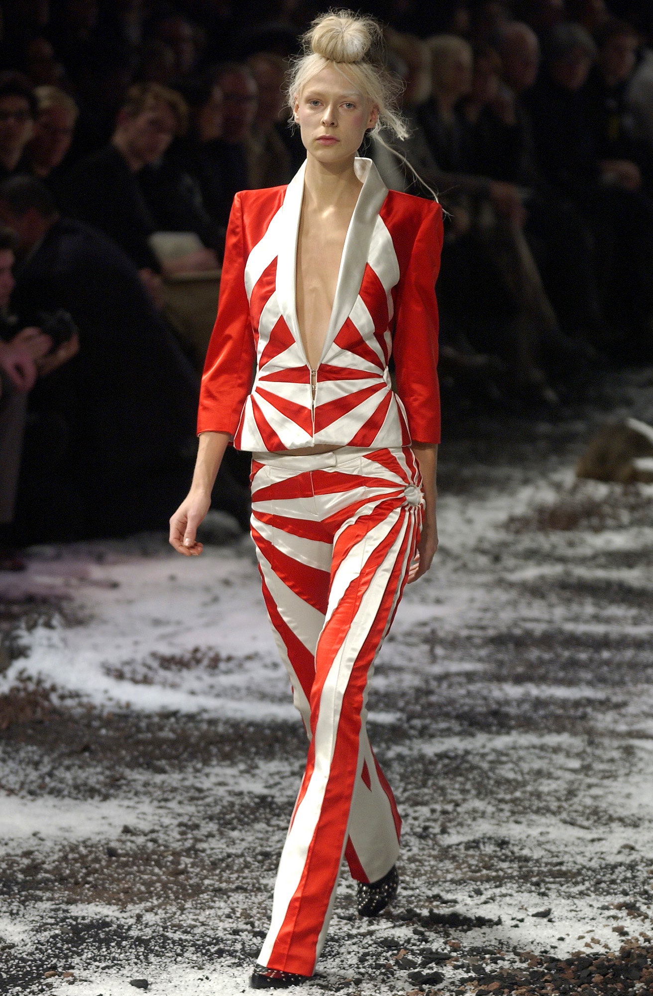 red and white striped suit