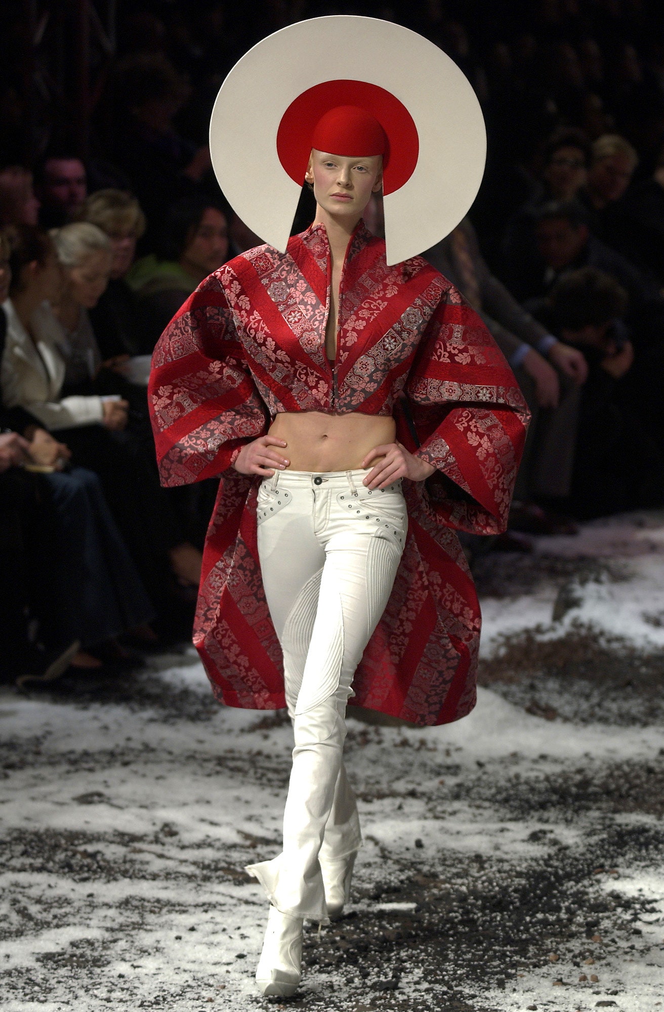 red silk long-sleeve collared fitted embroidered layered coat