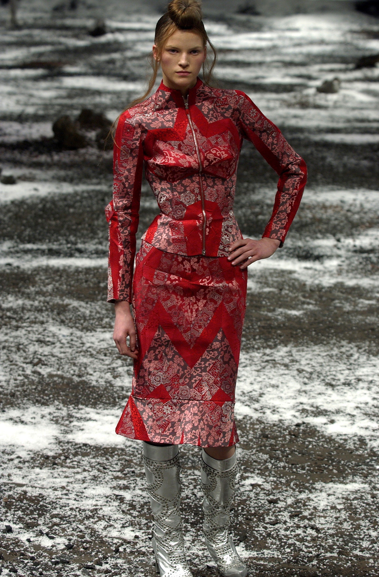 red silk long-sleeve collared fitted zippered printed dress
