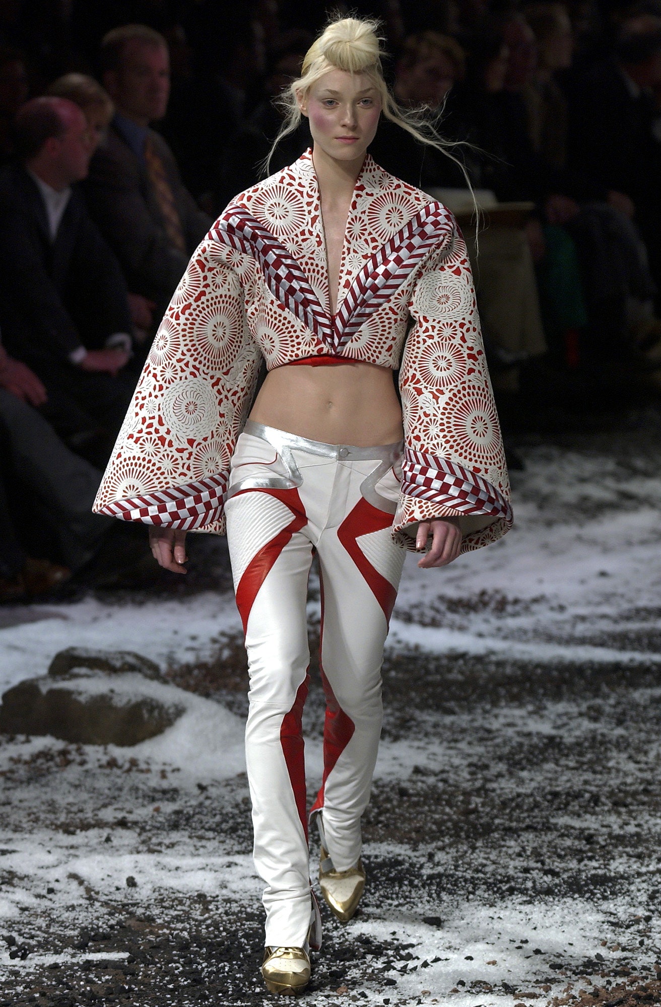 embroidered white red jacket and fitted pants