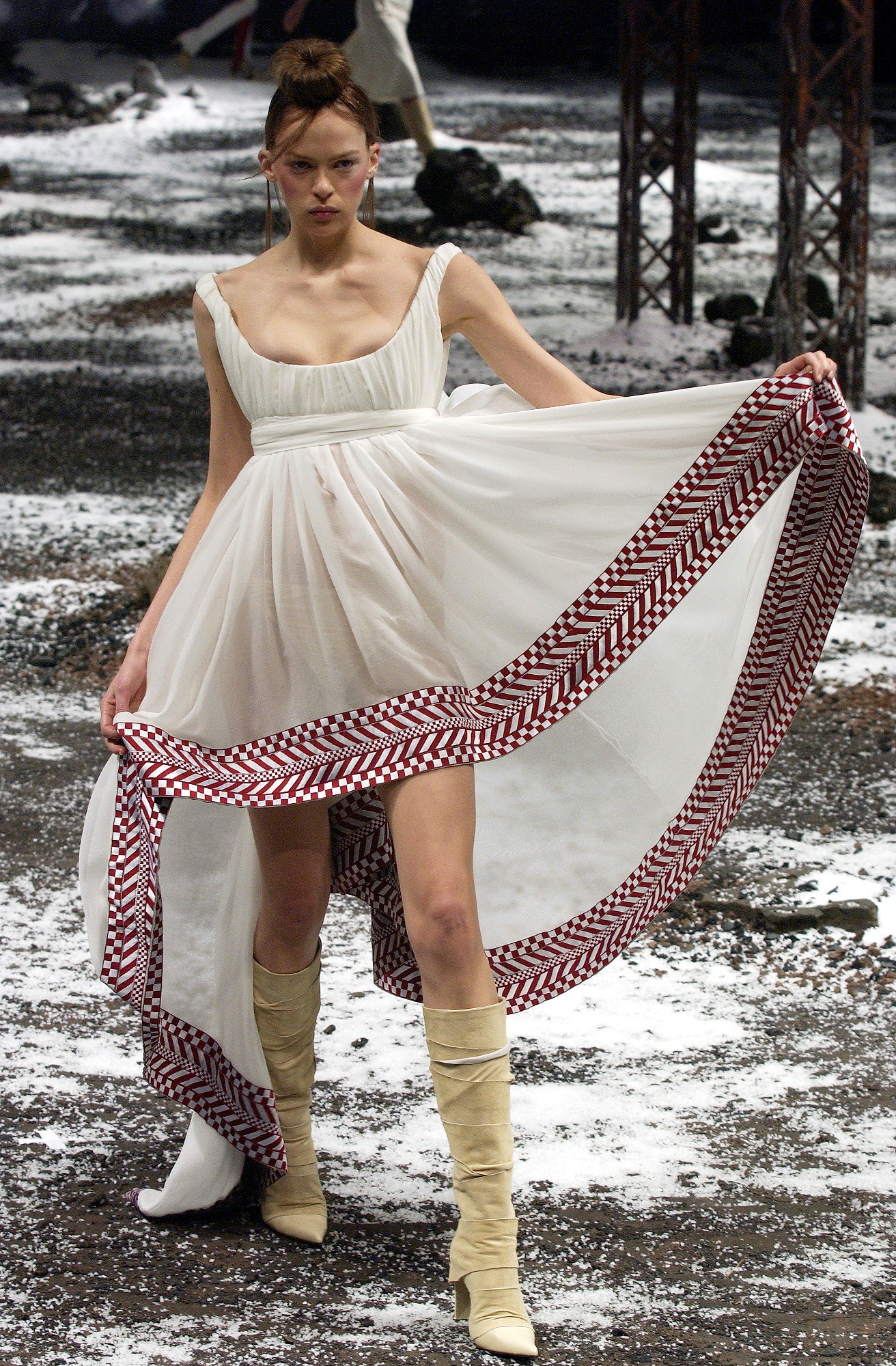 white chiffon sleeveless v-neck fitted draped tiered dress