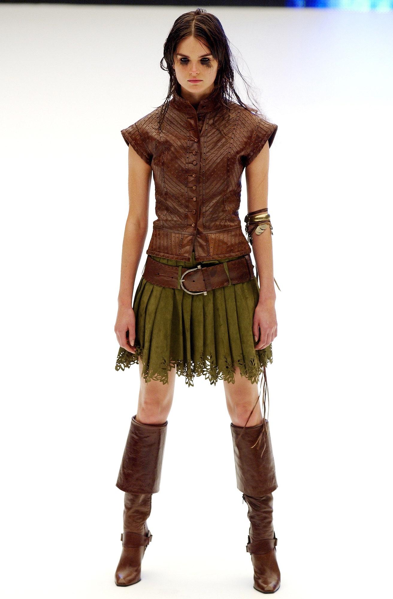 green cotton relaxed pleated short skirt