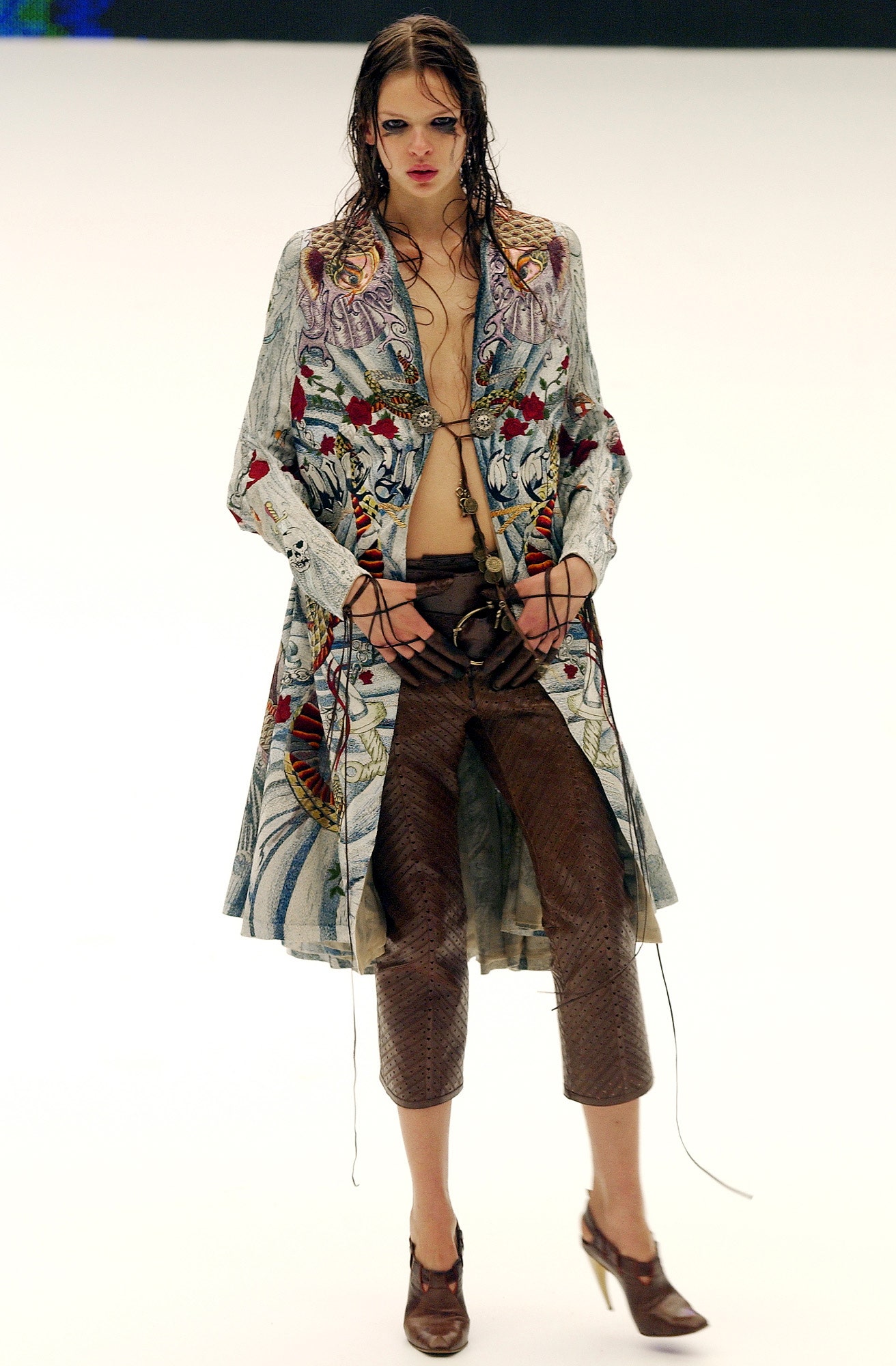 multi silk long-sleeve collared relaxed embroidered midi coat