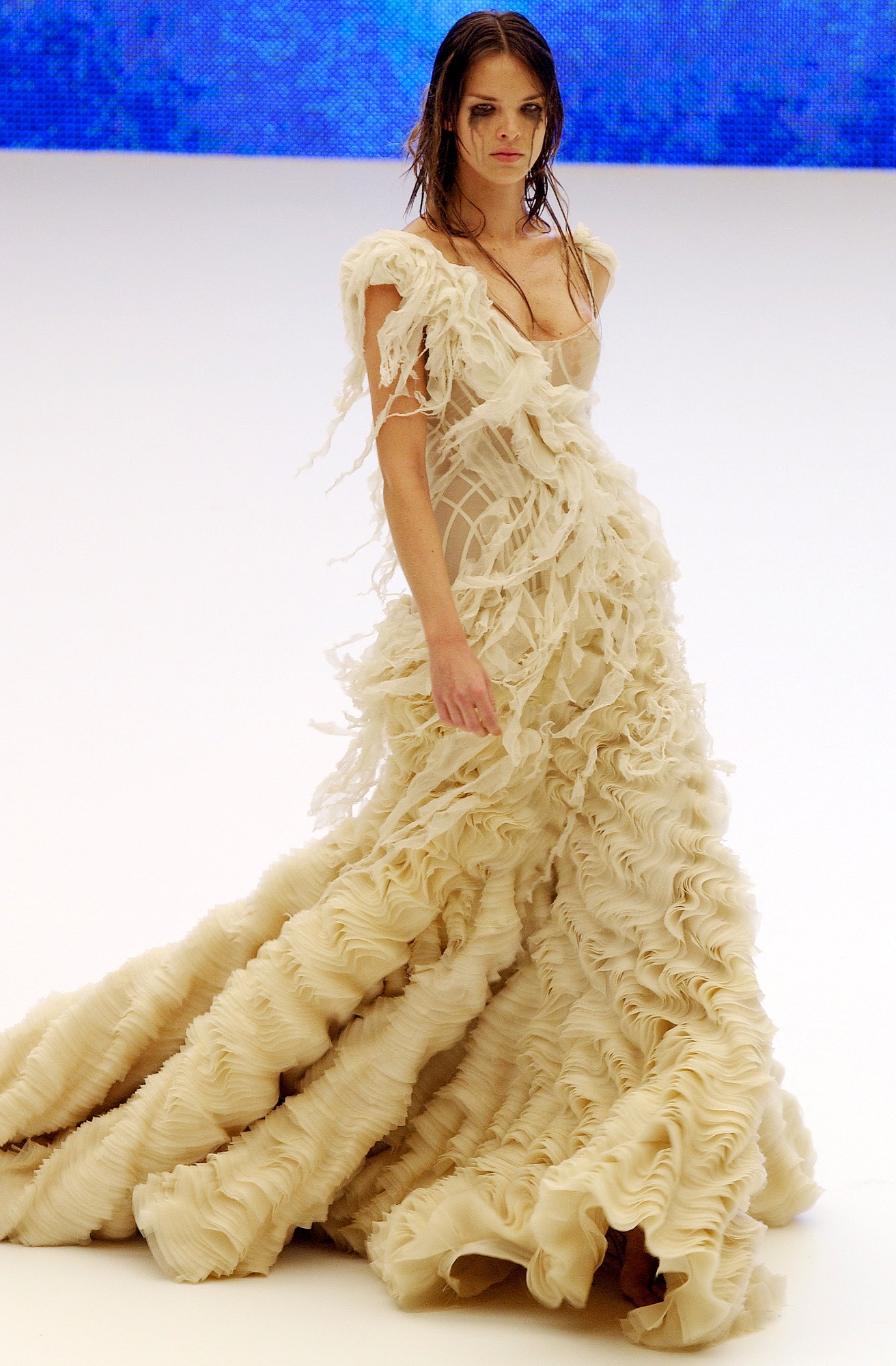 beige silk ruffled gown