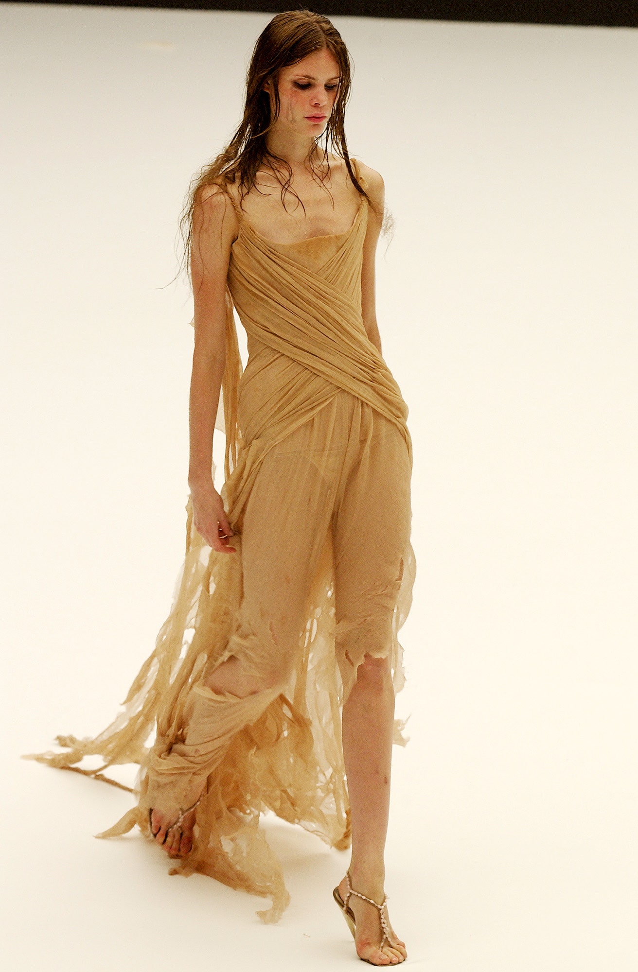 beige silk sleeveless dress
