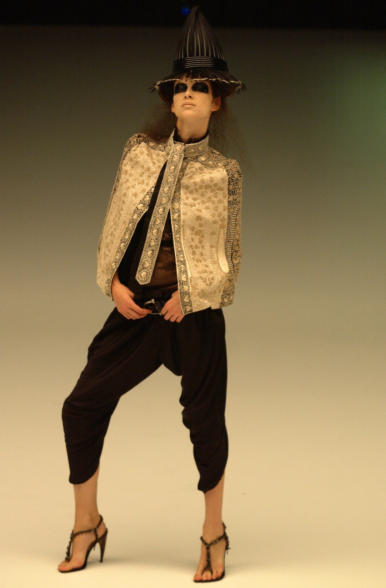 gold silk long-sleeve collared structured embroidered cape