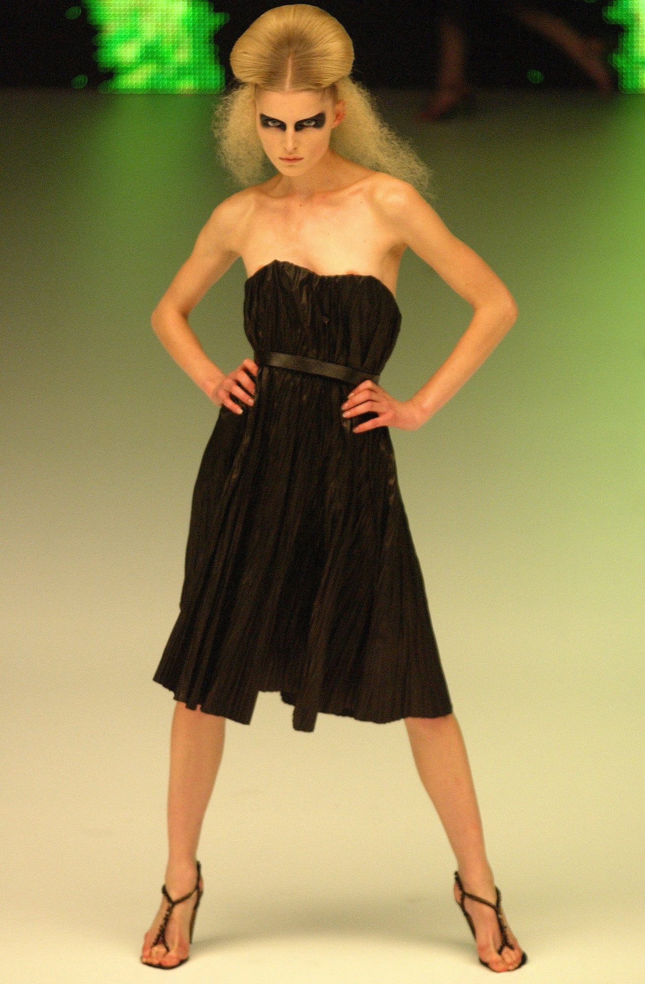 black silk strapless pleated dress