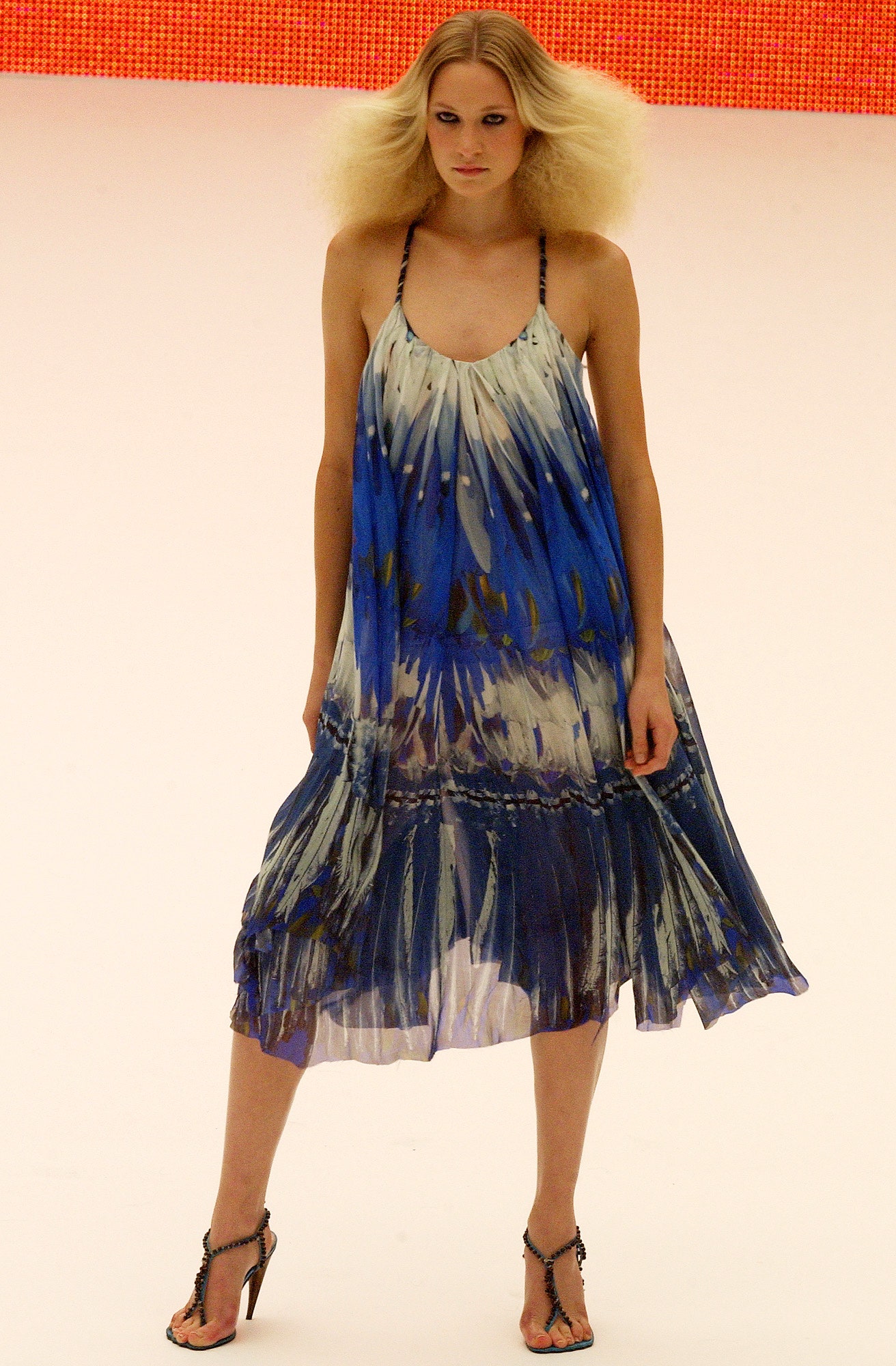 blue and white flowing midi dress