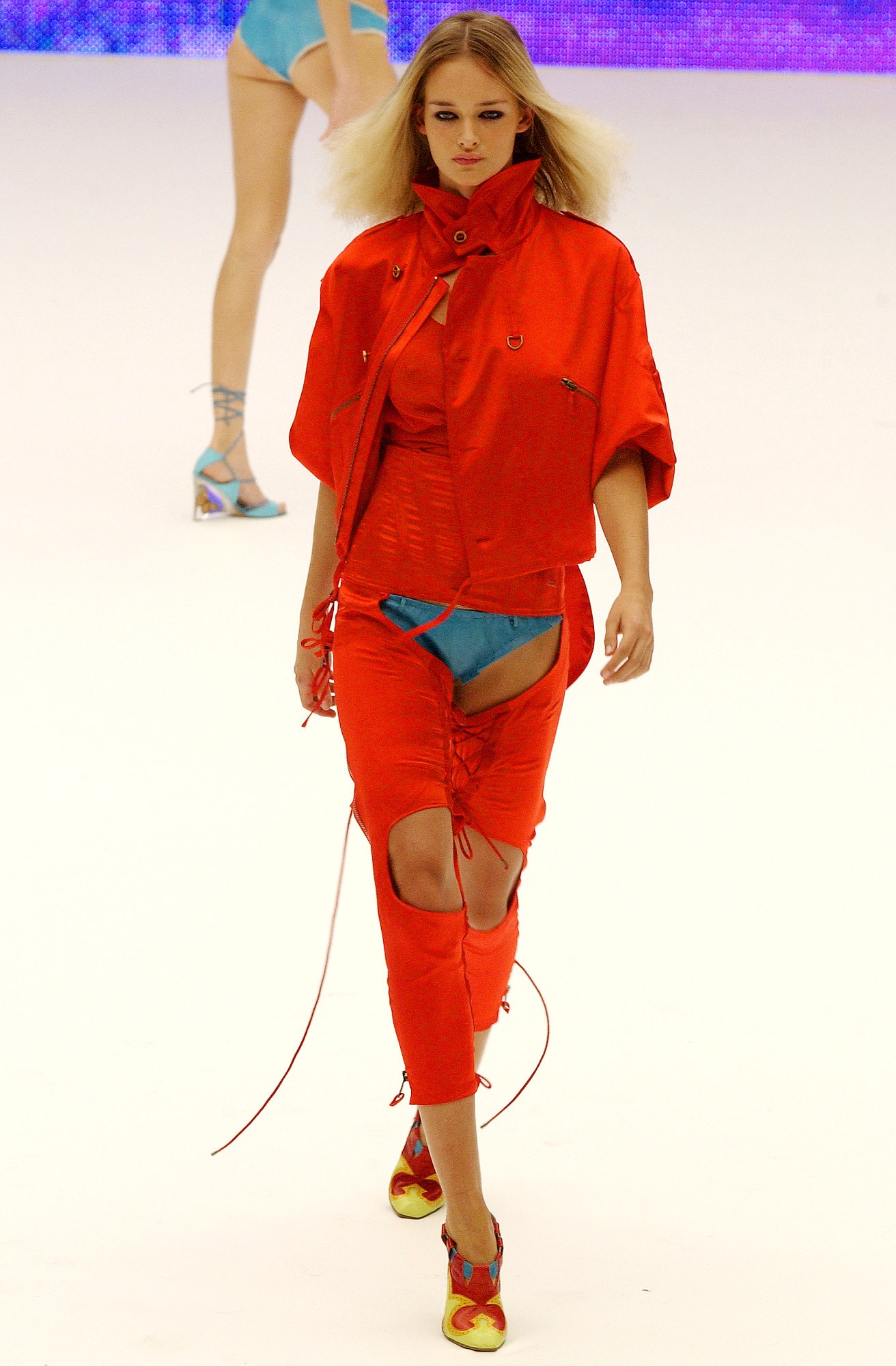 red fitted mini dress and relaxed jacket