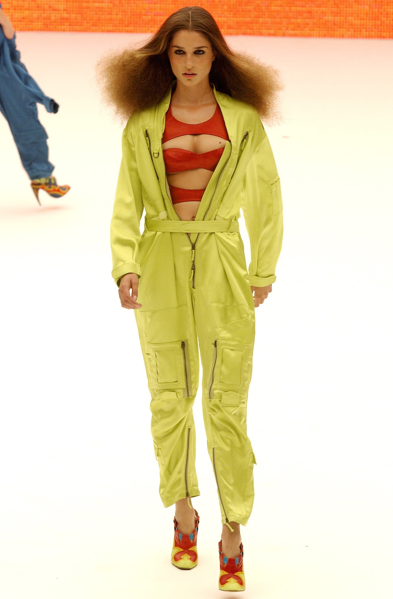 yellow silk jumpsuit with red top