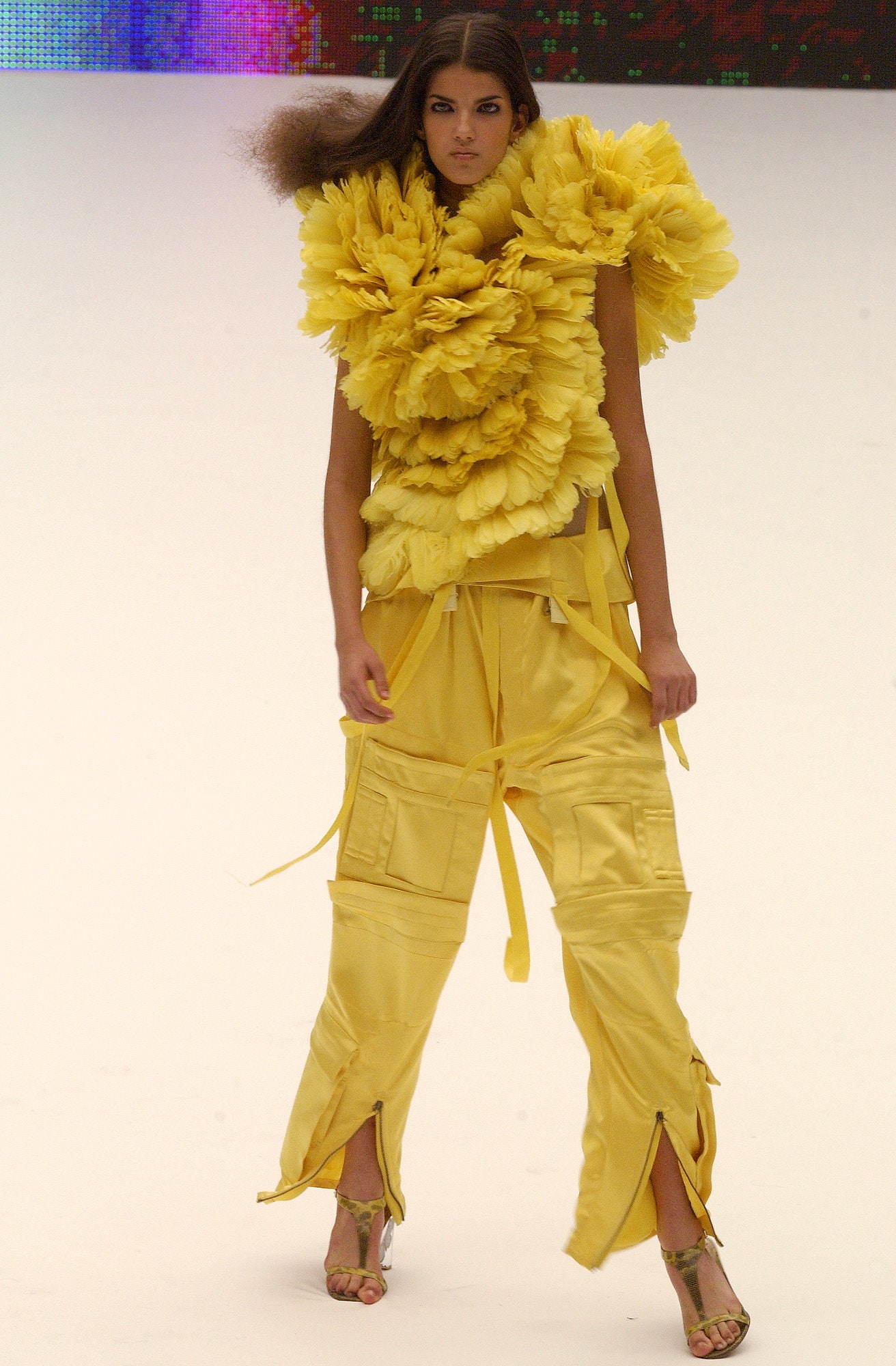 yellow silk long-sleeve relaxed cargo zippered pants