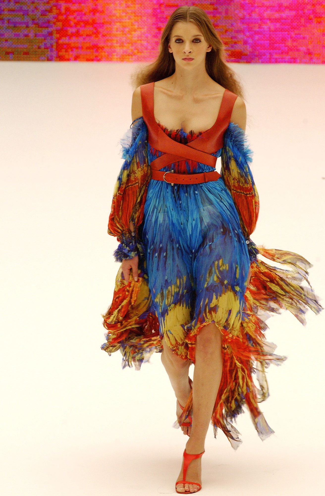 blue red yellow pleated dress