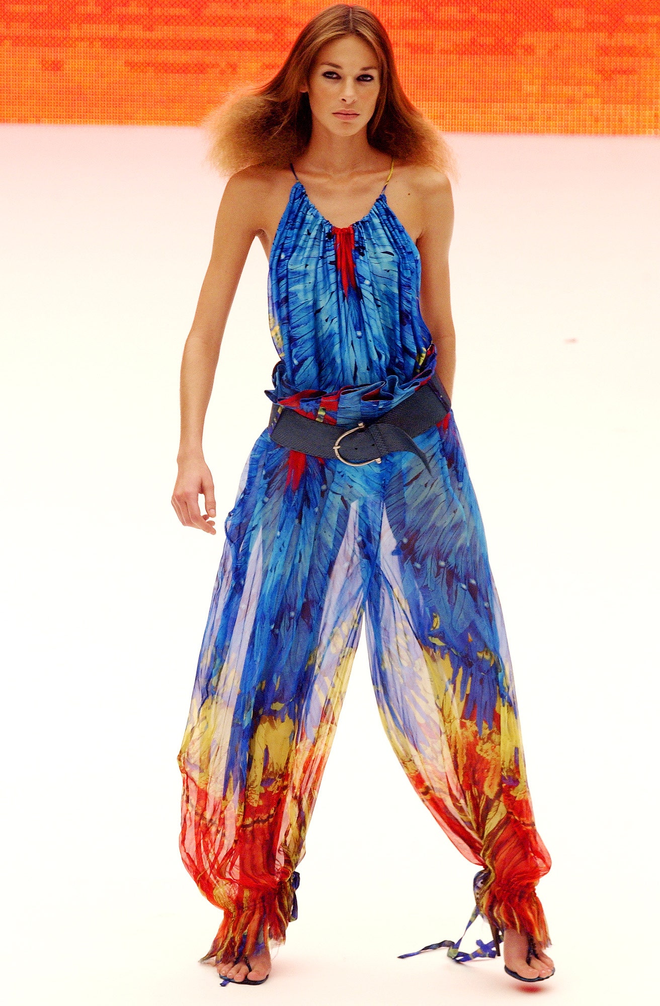 colorful flowing jumpsuit with belt