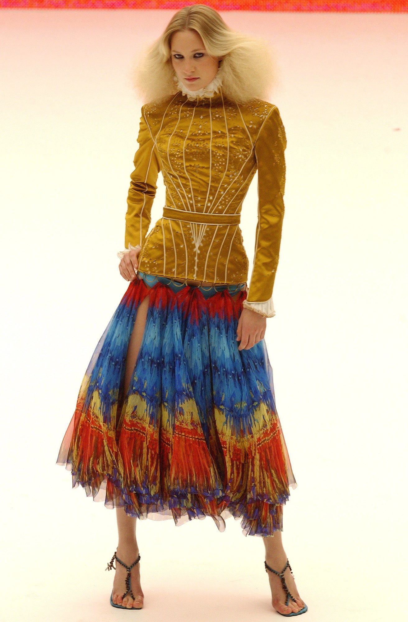 gold velvet long-sleeve high-neck fitted embroidered top