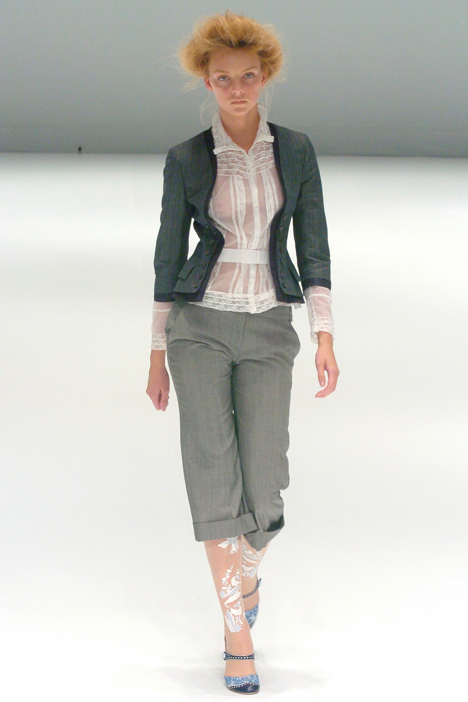 gray tailored jacket with lace blouse