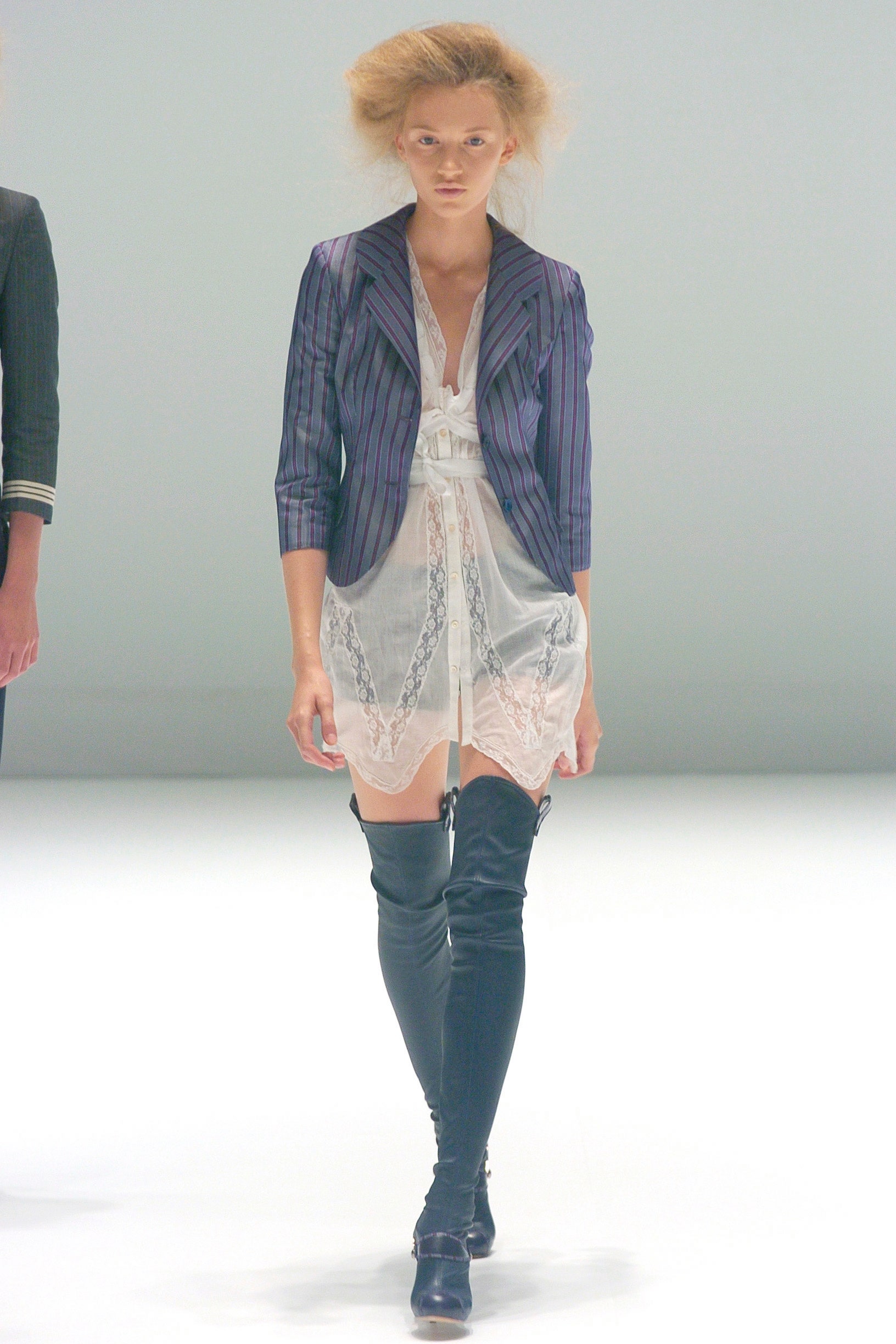 purple striped blazer and sheer dress