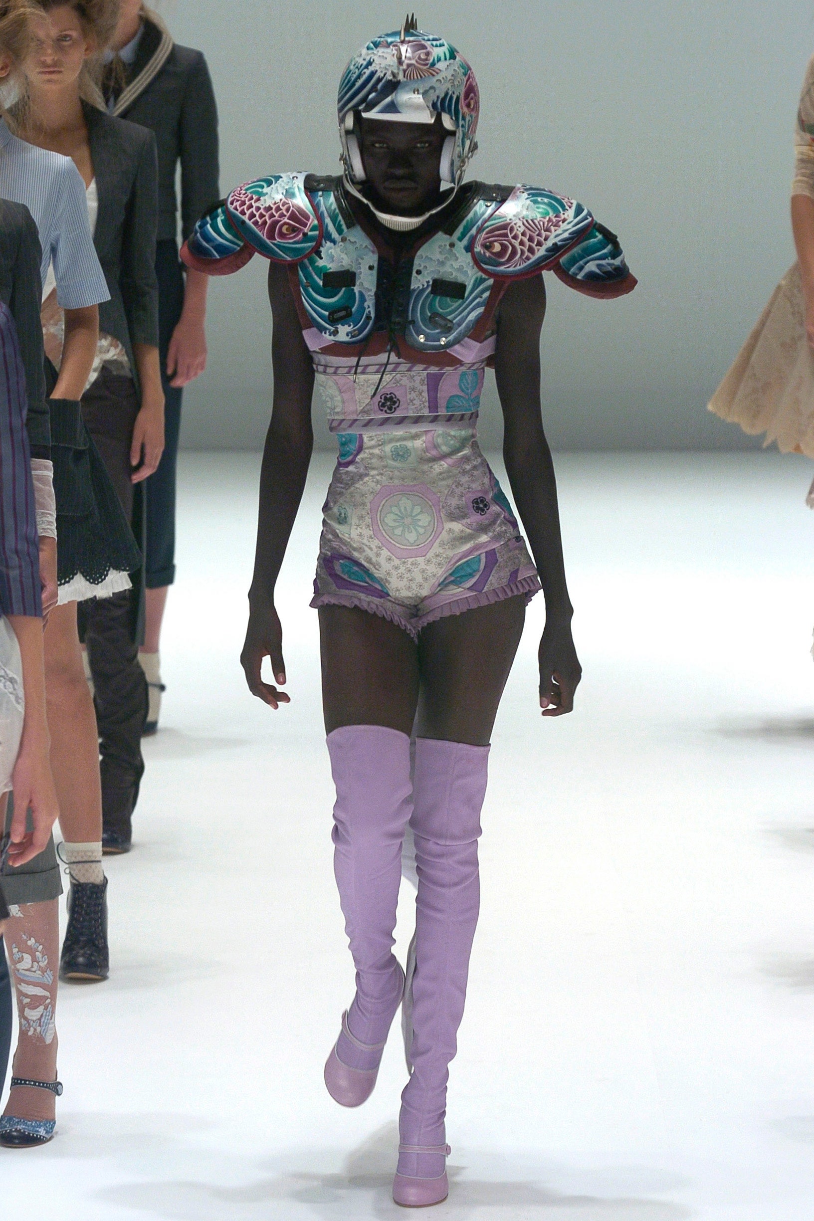 multi-colored fitted catsuit with helmet