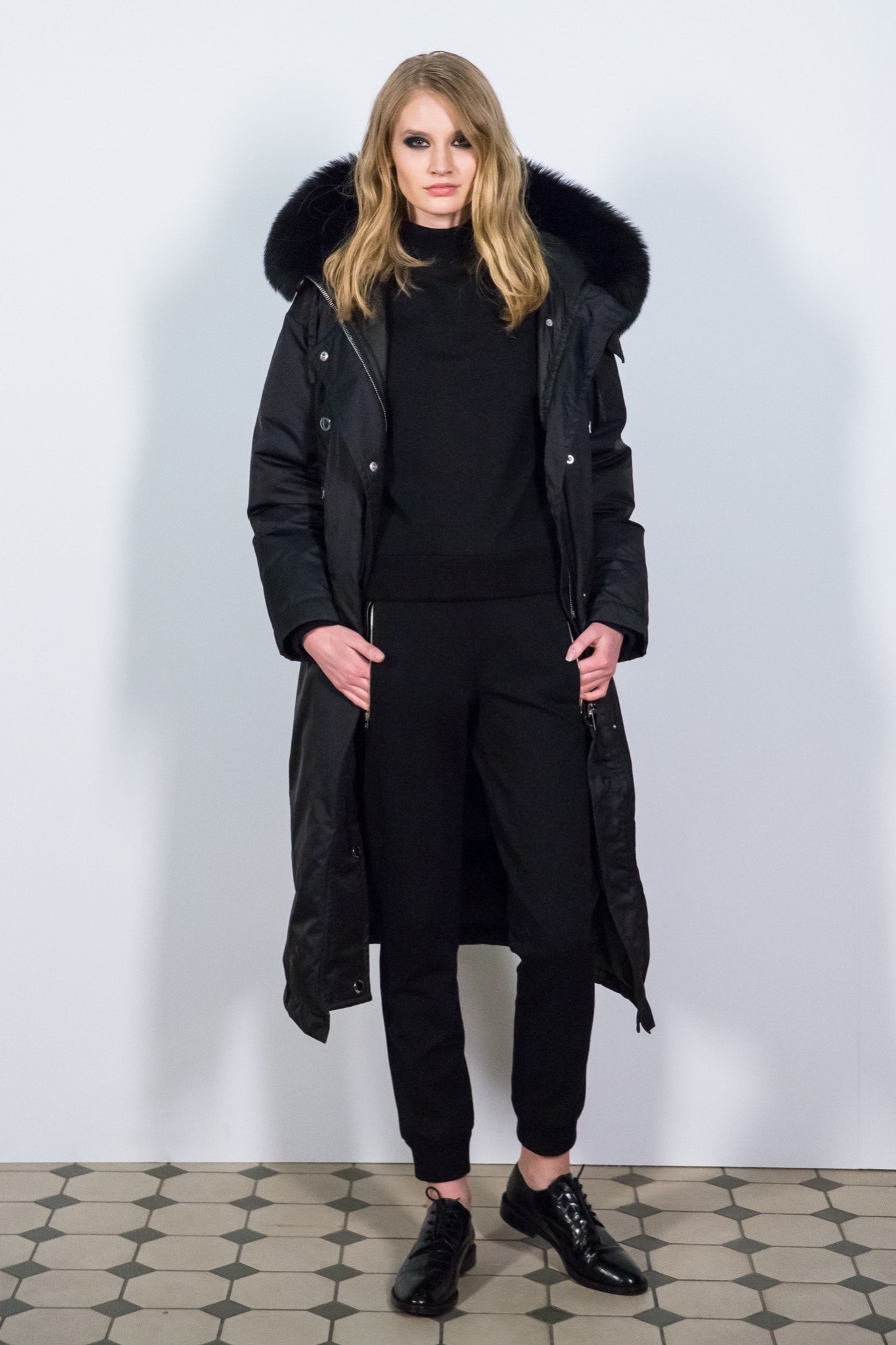 black parka with faux-fur hood