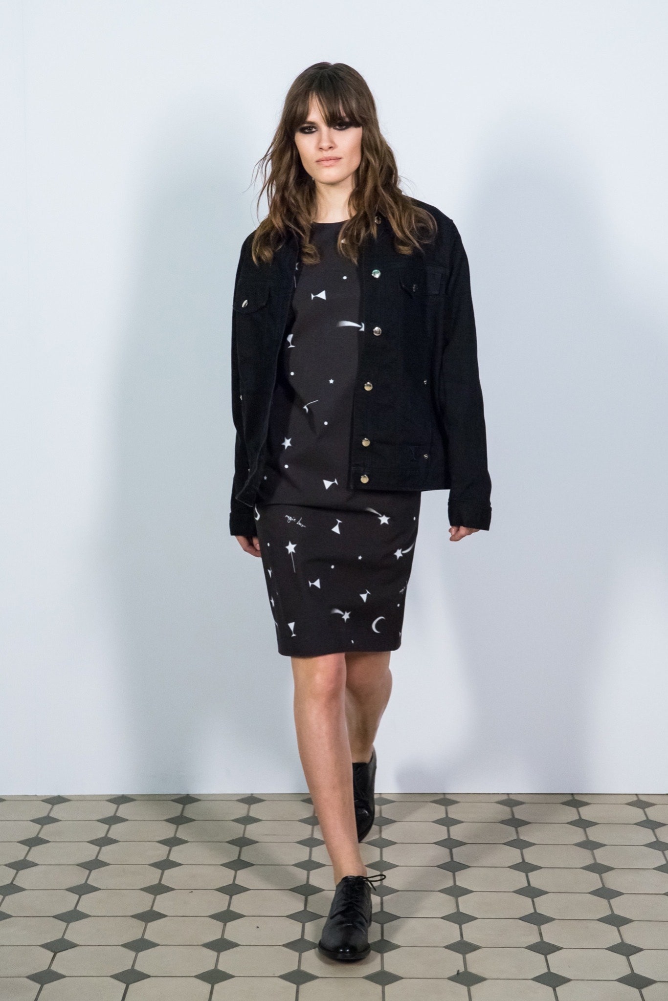 black denim jacket with printed dress