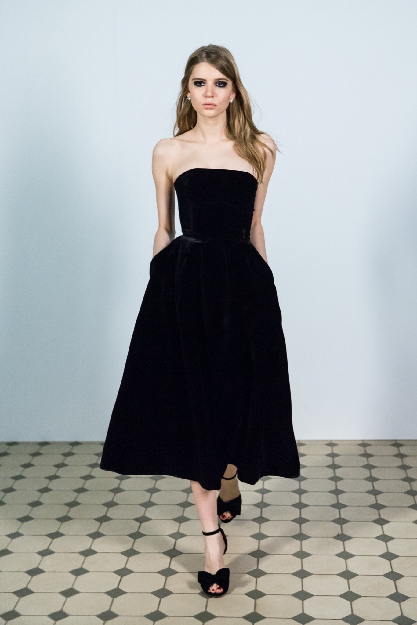 black velvet strapless midi dress