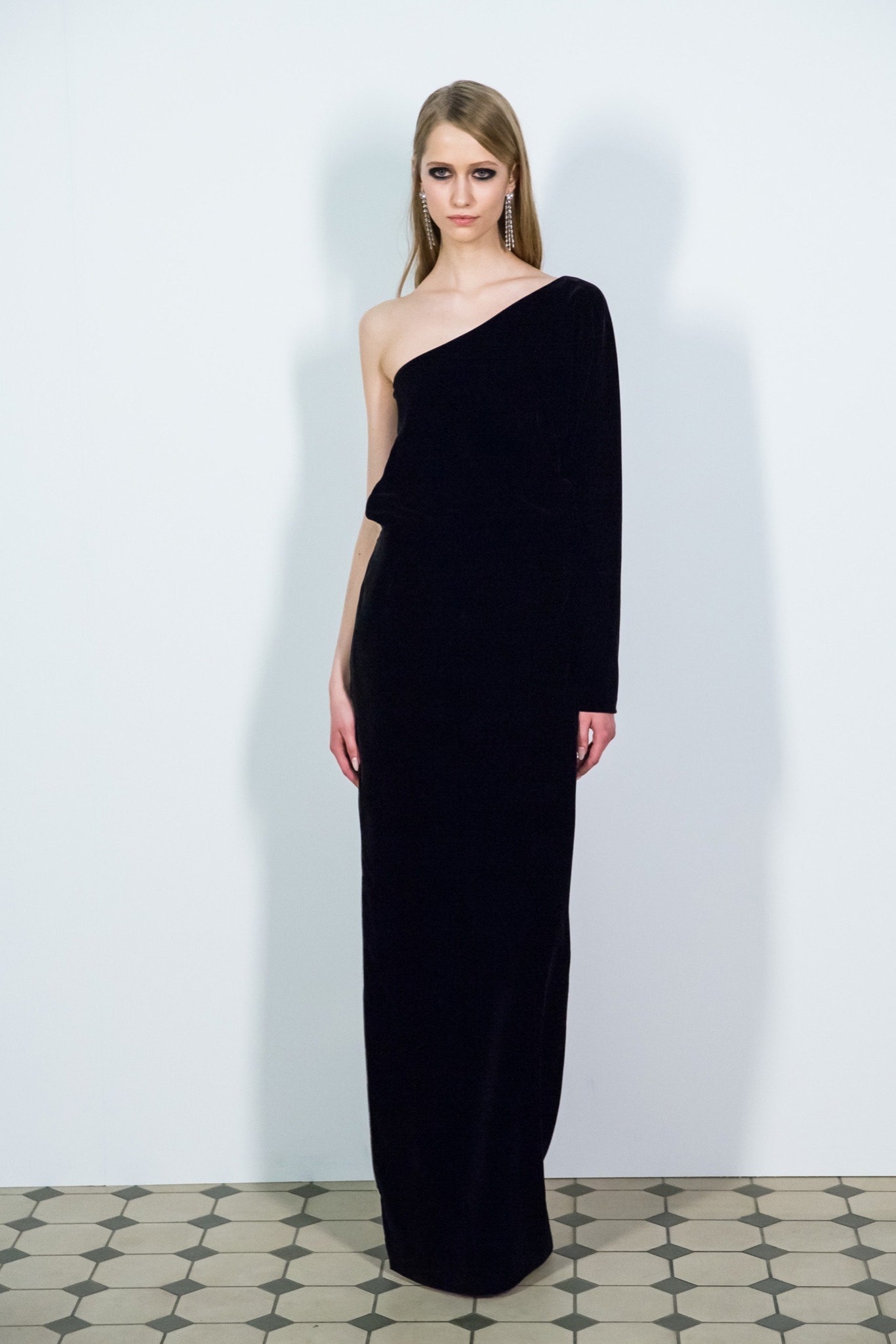 black velvet off-shoulder gown