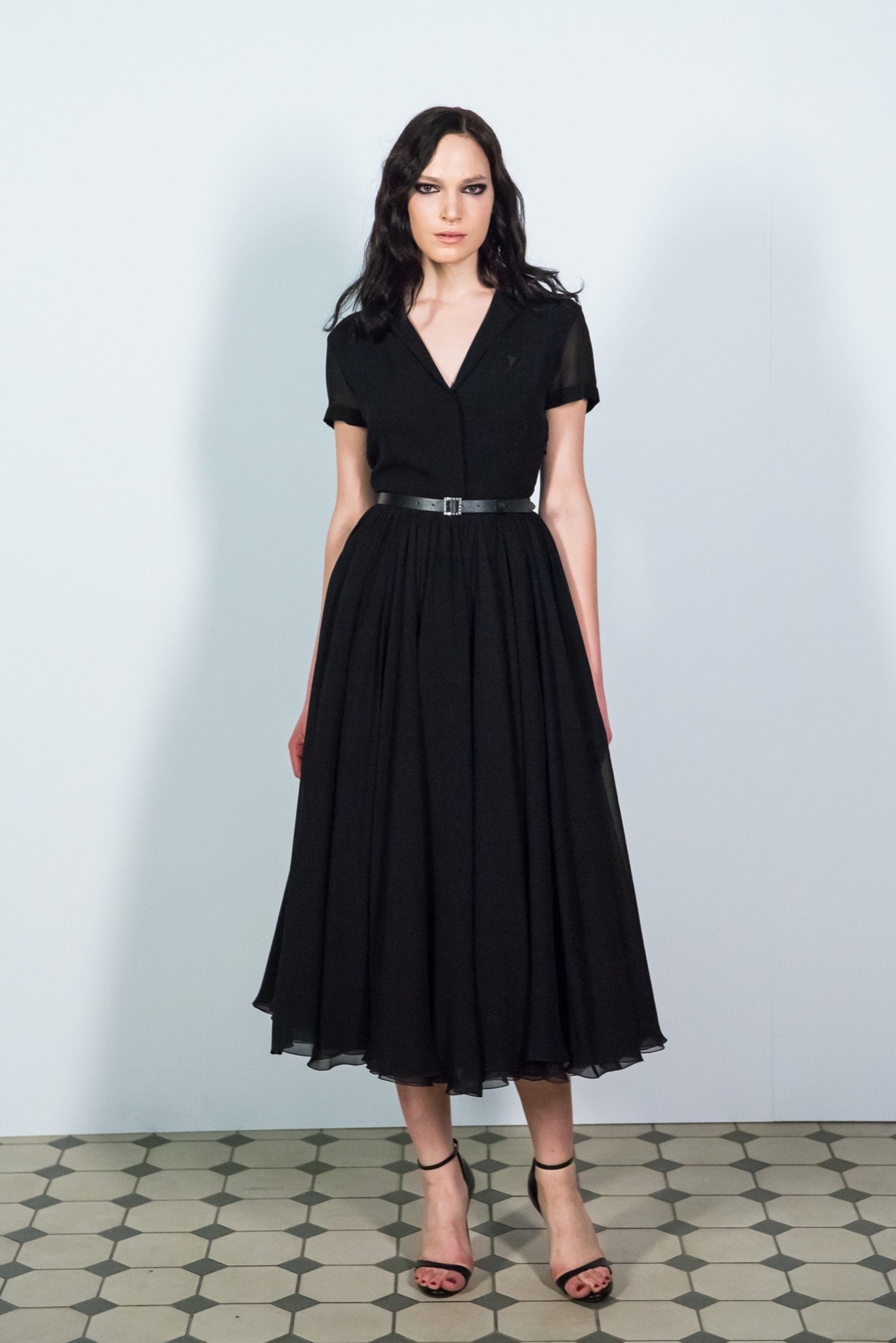 black chiffon belted midi dress