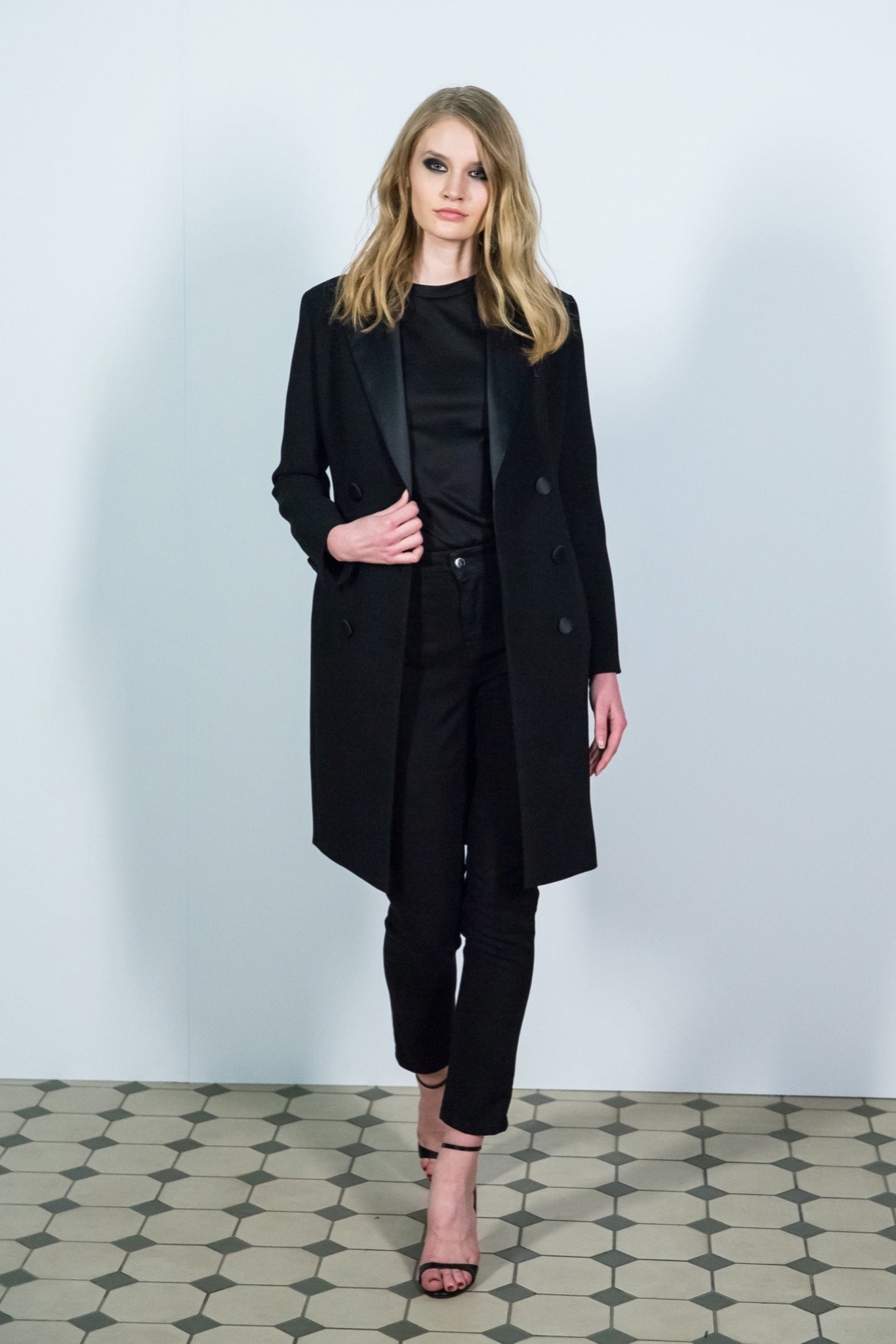black fitted coat and pants outfit