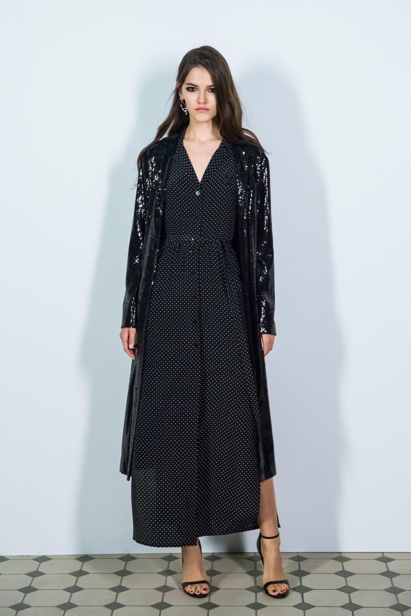 black polka-dot maxi dress with coat