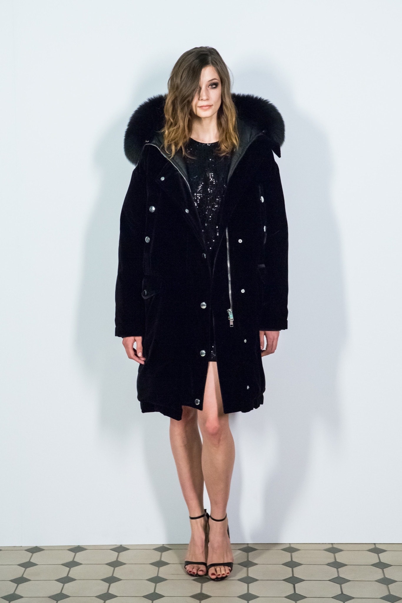 black velvet coat and sequin dress