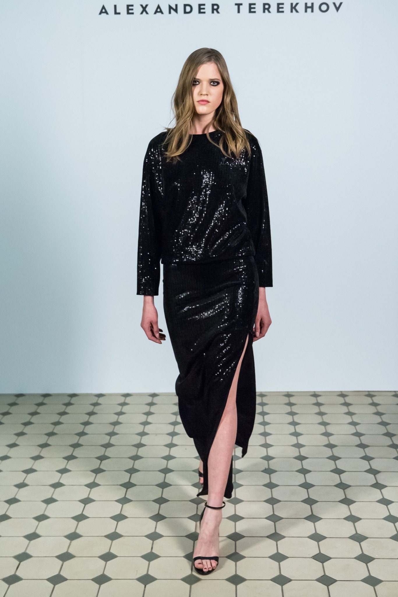 black sequin fitted midi dress