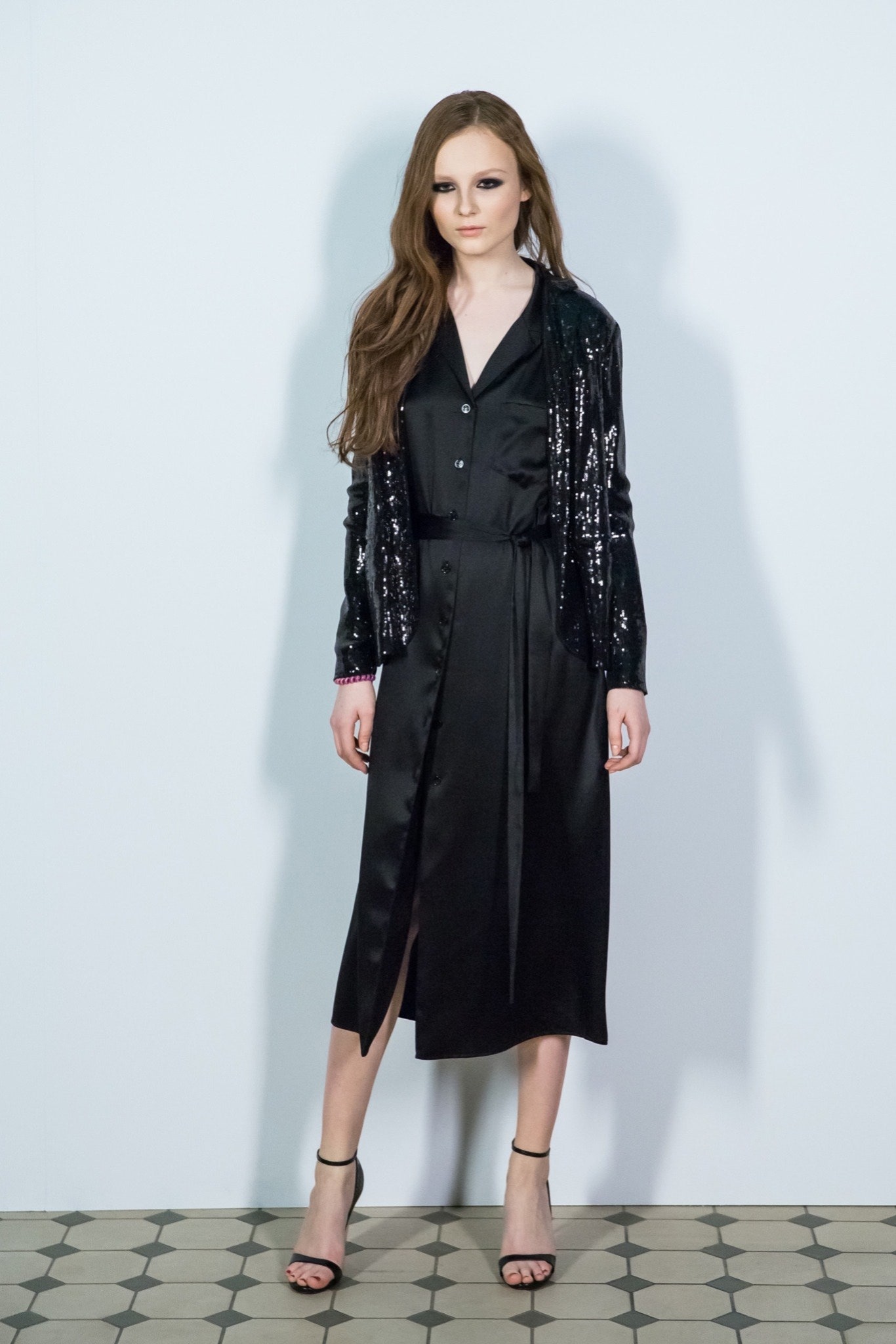 black silk midi dress with sequin jacket