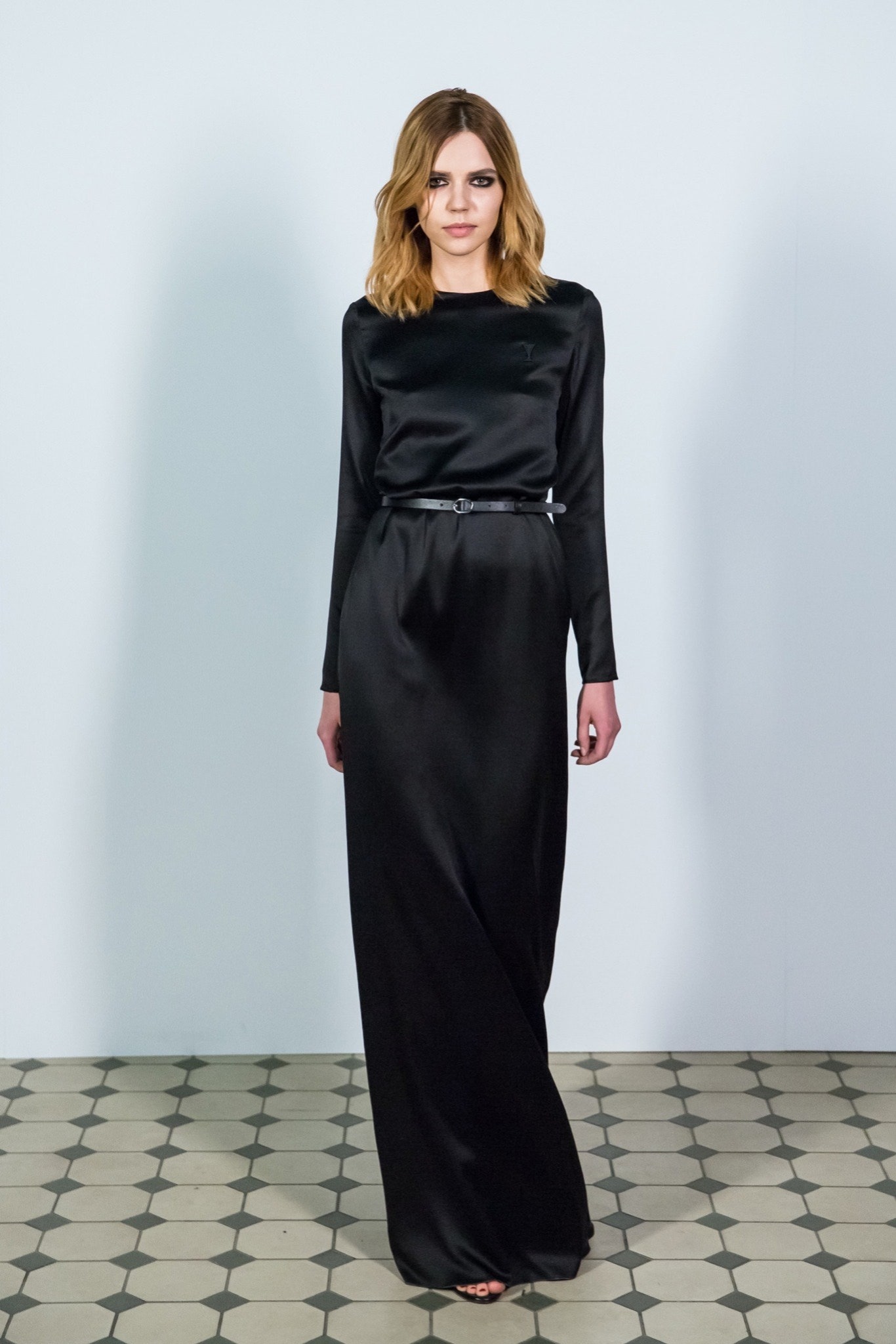 black silk long-sleeve gown